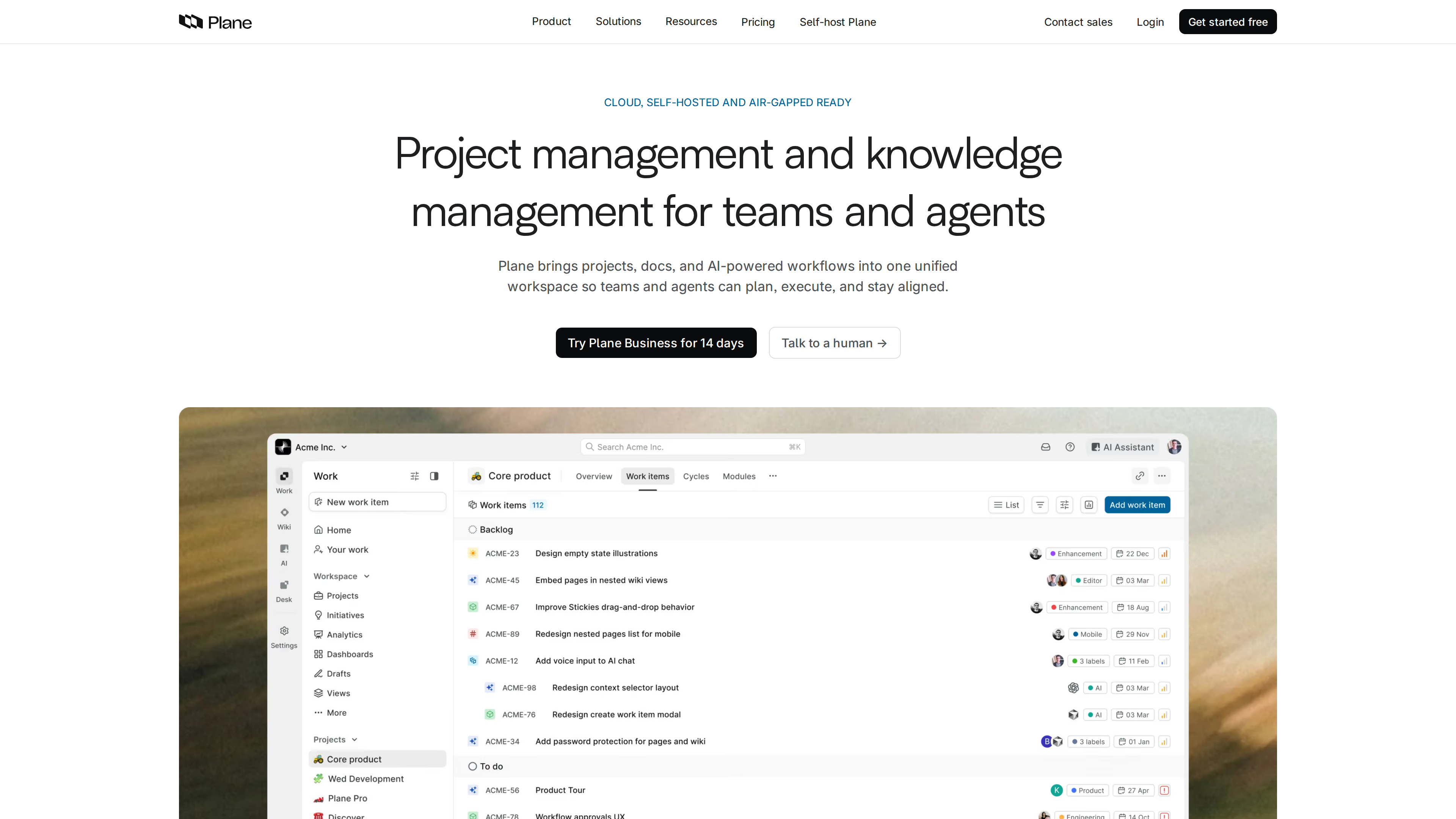 Screenshot of Plane's homepage: the headline "Project management and knowledge management for teams and agents" above a preview of the app's work-item list