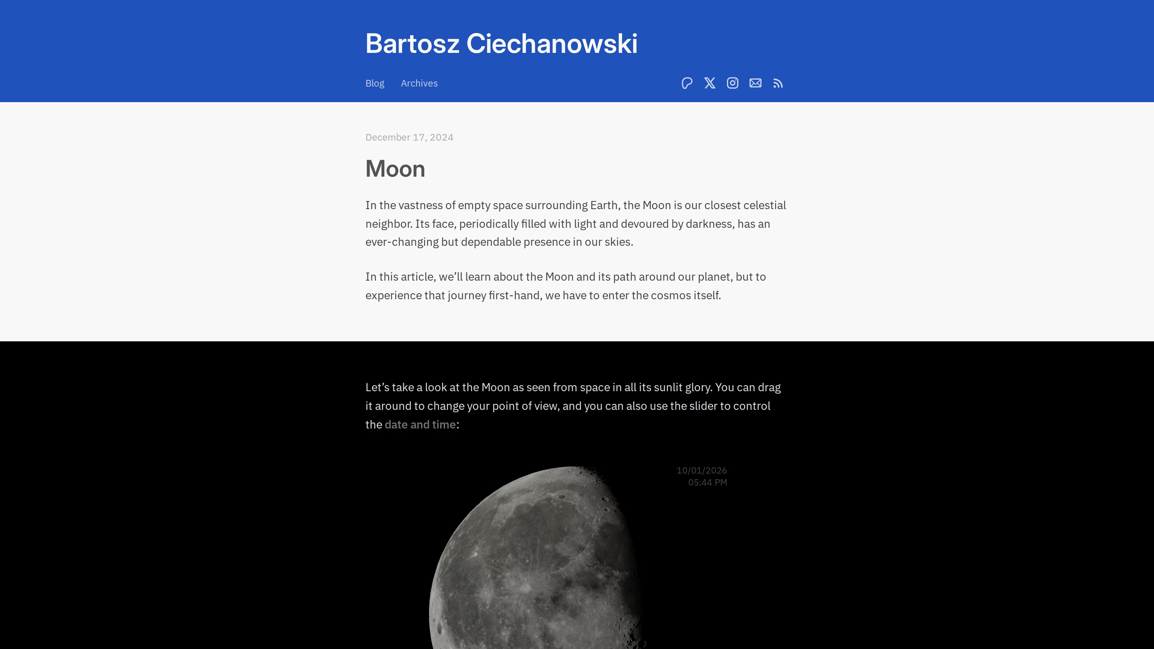 Screenshot of the ciechanow.ski homepage showing the opening of the December 2024 essay "Moon" with a draggable lunar simulation
