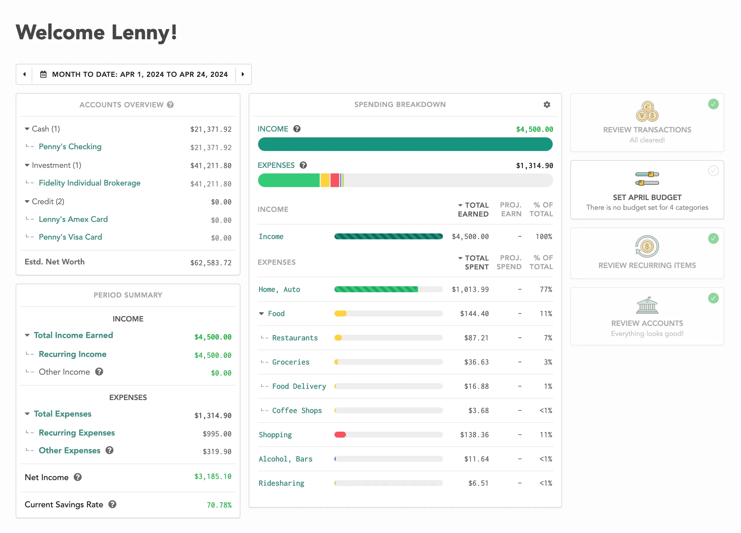 Official demo screenshot of the Lunch Money web dashboard: accounts and net worth on the left, spending breakdown with per-category progress bars in the center, review tasks on the right