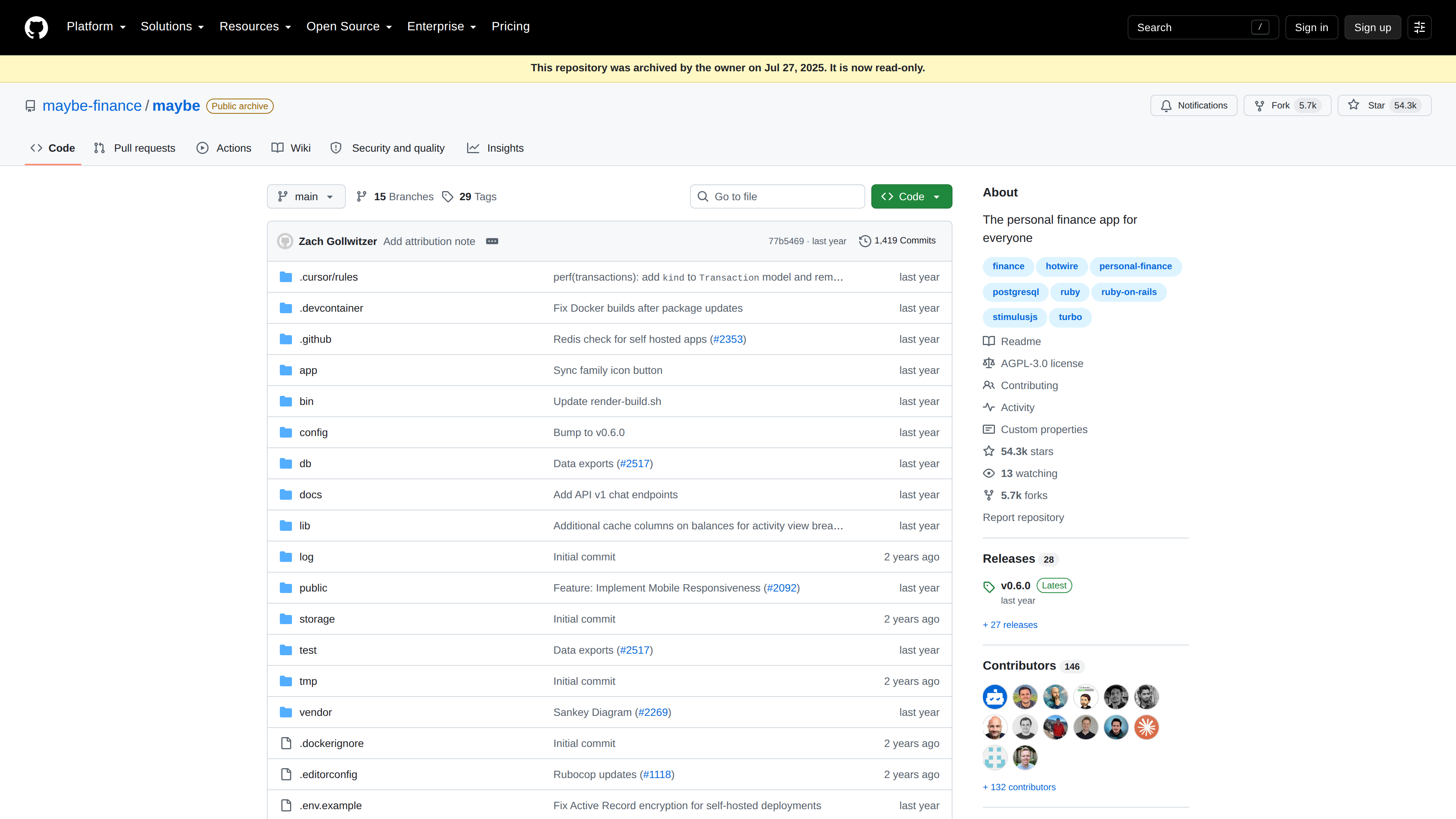 Screenshot of the archived maybe-finance/maybe GitHub repository: a yellow banner states the repo was archived by the owner on July 27, 2025 and is now read-only