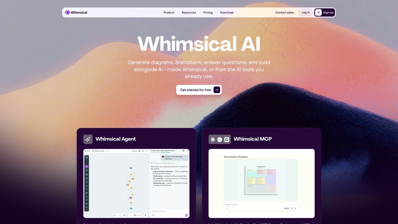 Screenshot of the Whimsical AI page: Whimsical Agent generating an onboarding flowchart via chat in-app on the left, and Whimsical MCP producing a prioritization matrix inside Claude on the right