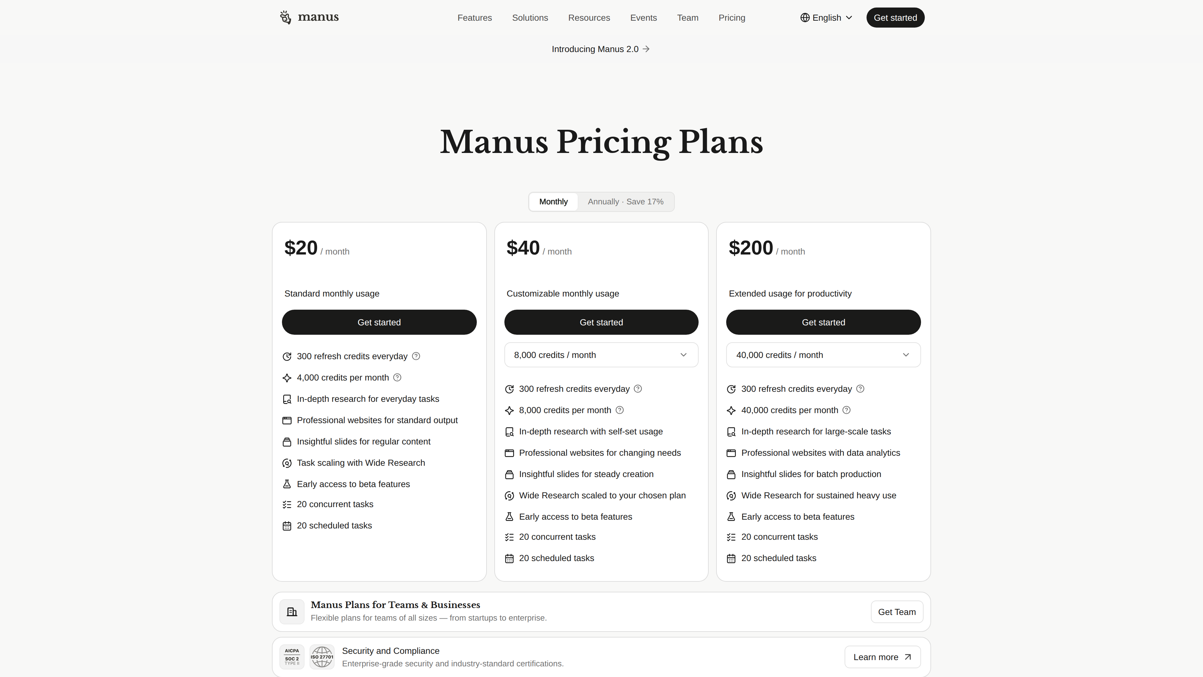 Manus pricing page: three individual tiers and the team plan entry