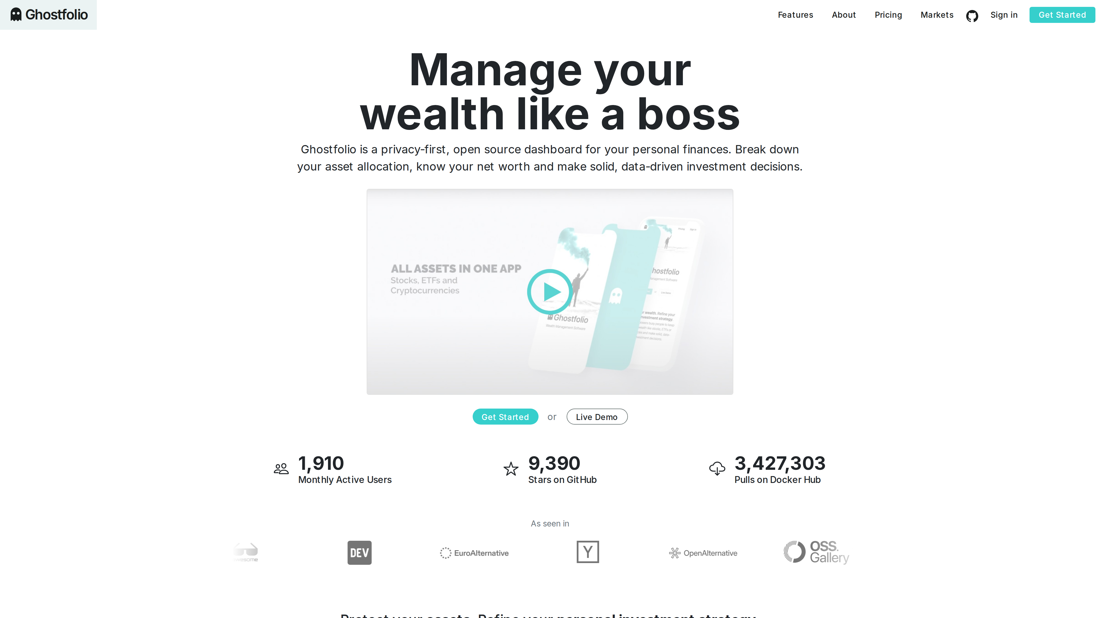 Screenshot of the Ghostfolio homepage: headline "Manage your wealth like a boss" above the metrics 1,910 monthly active users, 9,390 GitHub stars and 3,427,303 Docker Hub pulls