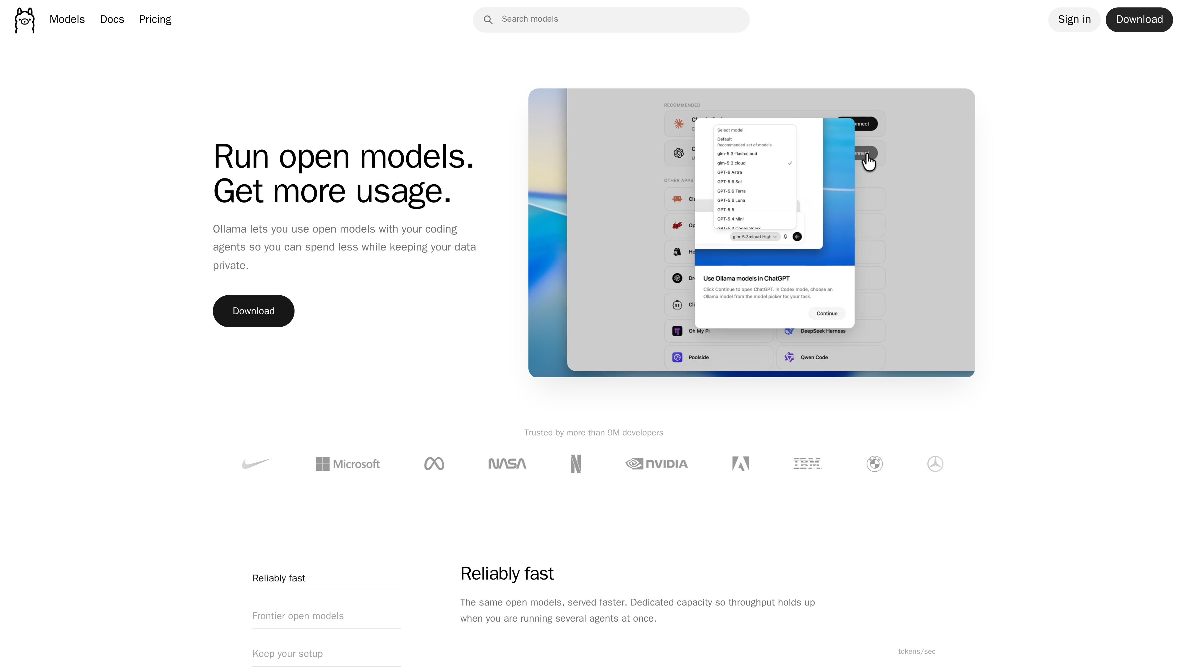 The Ollama homepage, with downloads for macOS, Windows, and Linux