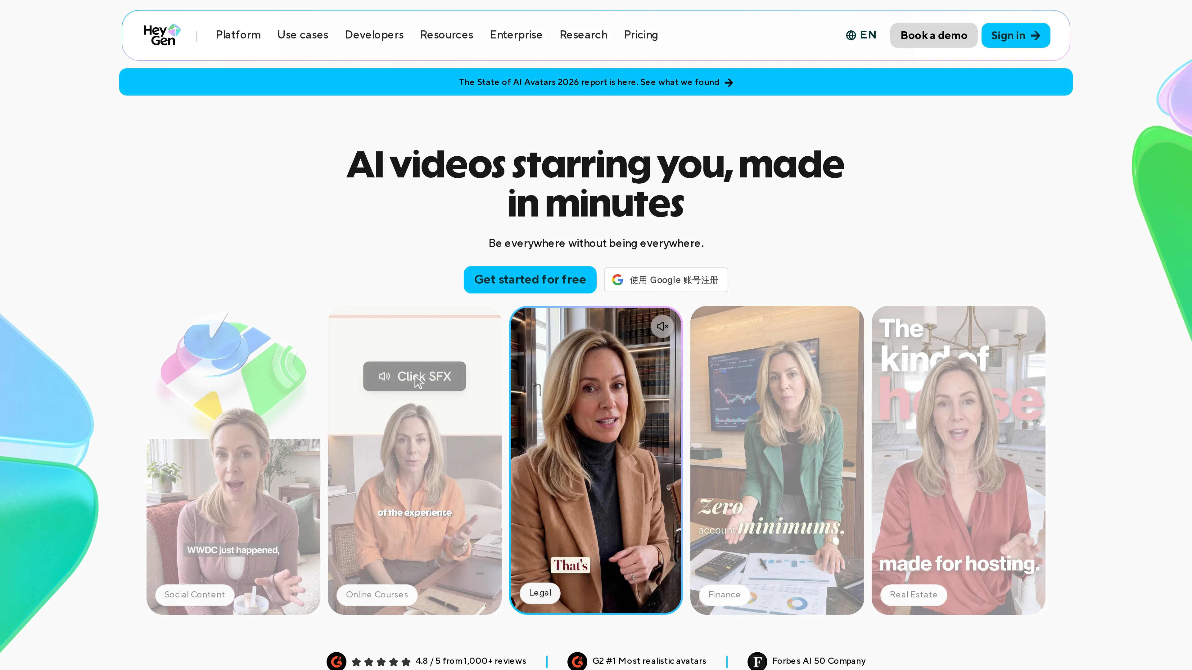 HeyGen homepage hero 'AI videos starring you, made in minutes' with example videos for social content, online courses, legal, finance, and real estate