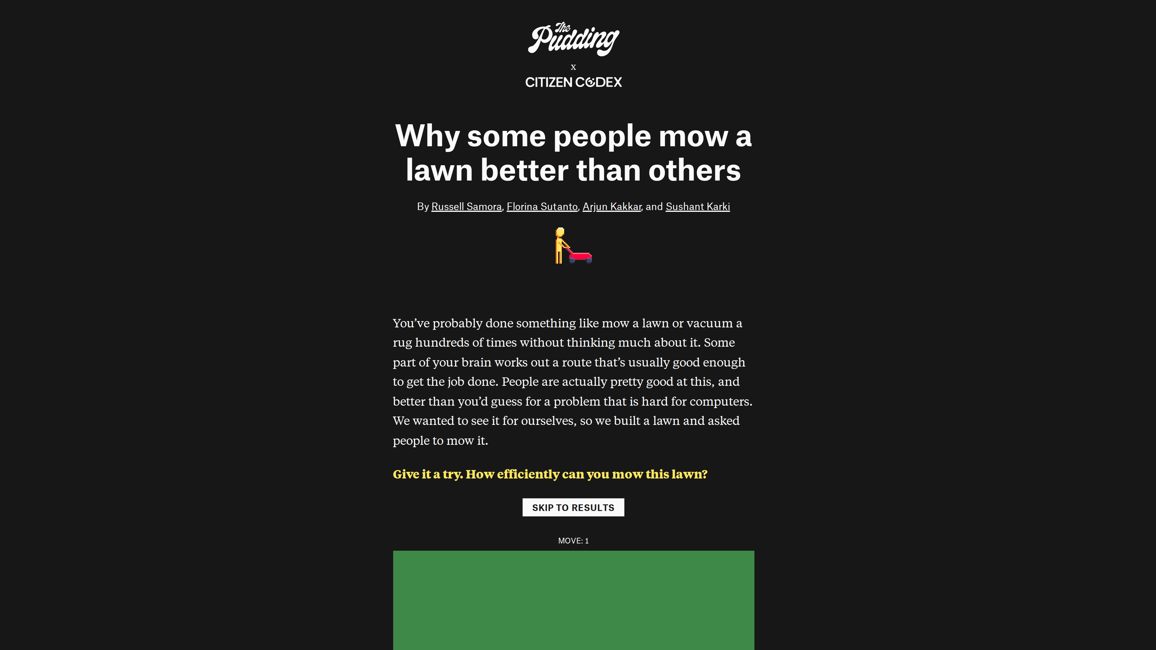 Screenshot of The Pudding visual essay "Why some people mow a lawn better than others": the opening of the dark-themed article embeds an interactive lawn-mowing game