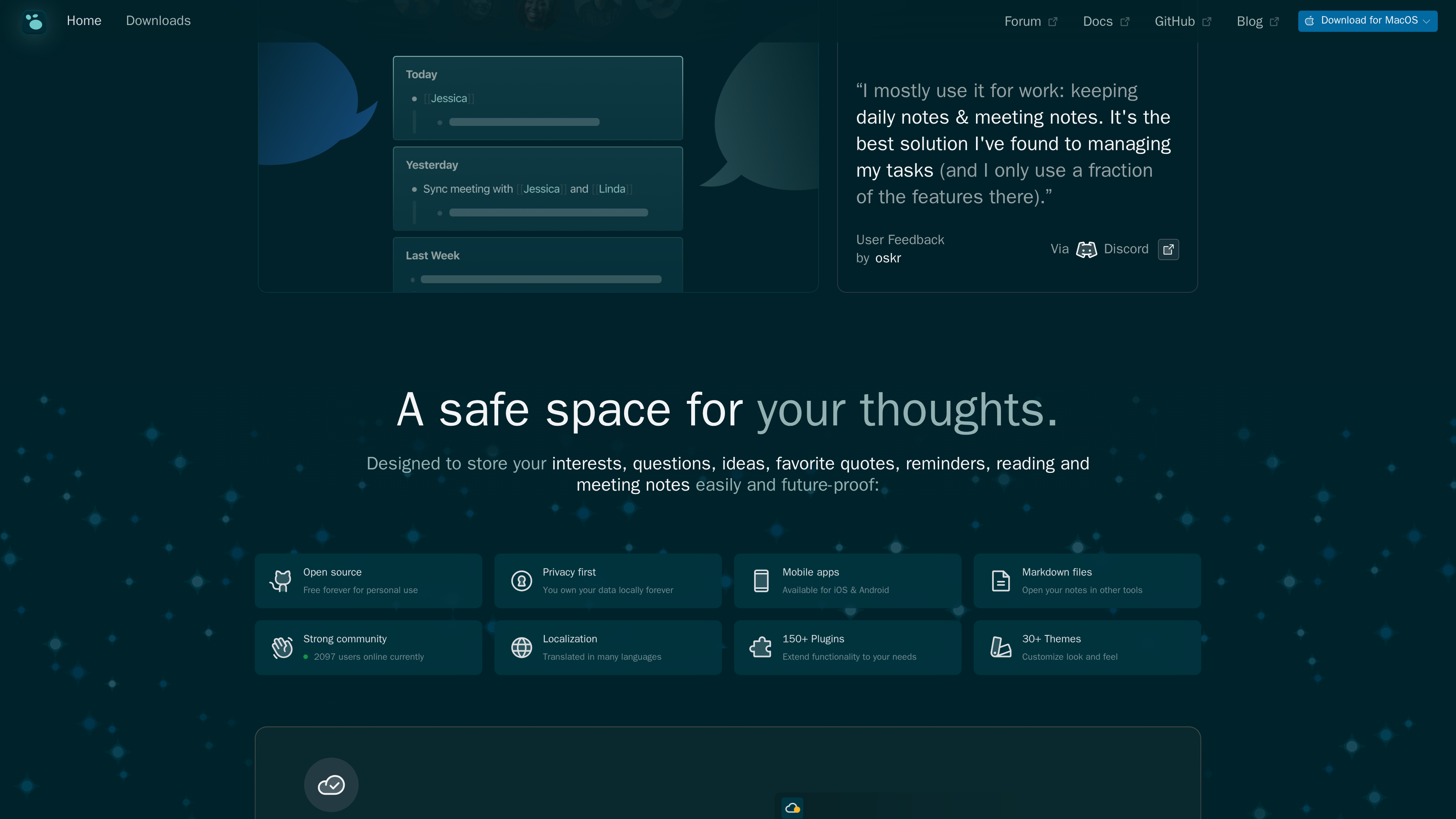Screenshot of the Logseq homepage feature grid: cards for Open source, Privacy first, Mobile apps, Markdown files, Strong community, Localization, 150+ Plugins, and 30+ Themes