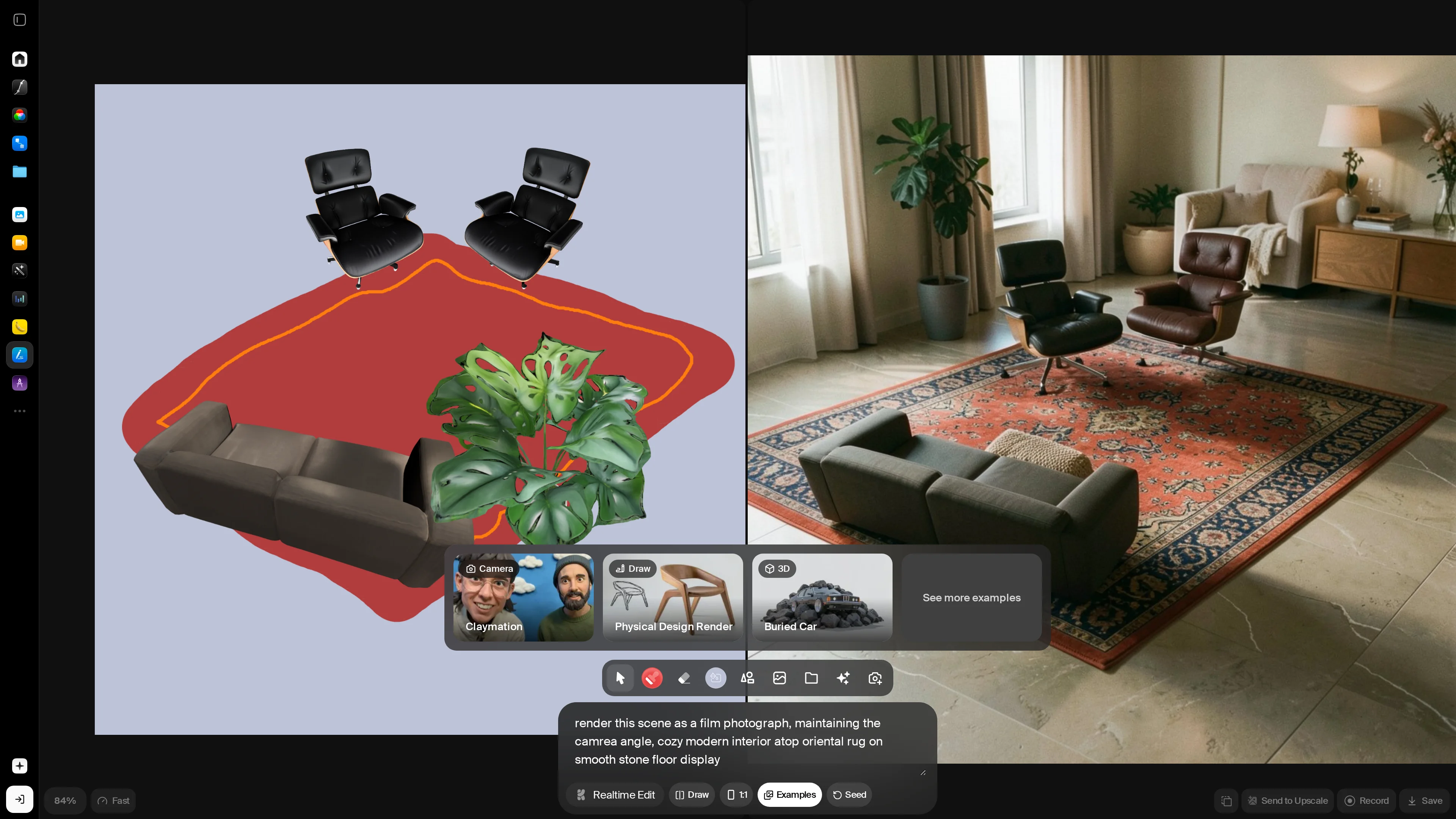 Realtime interface: chairs, a plant, and color blocks arranged on the left canvas, rendered live as an interior scene on the right