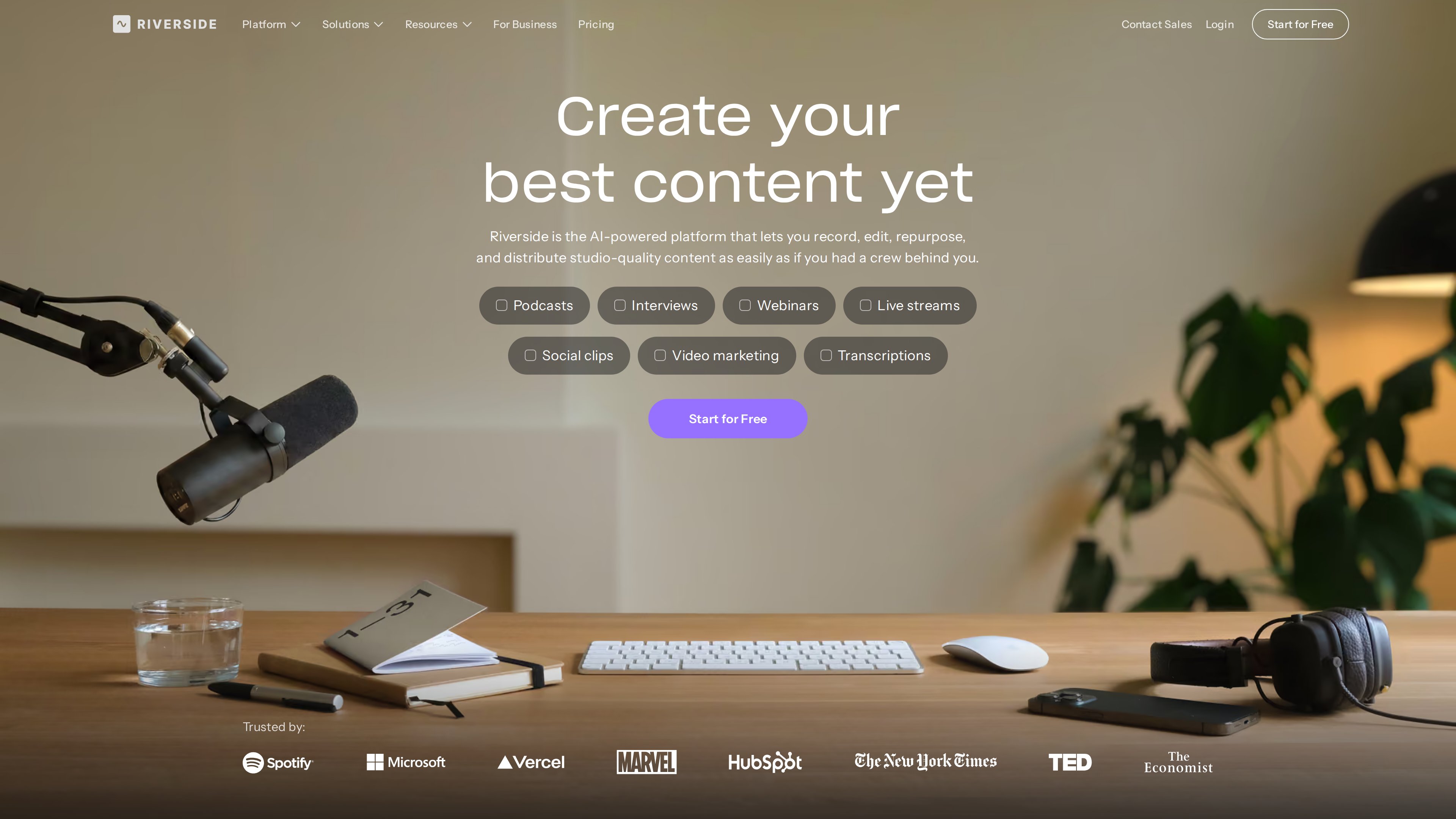 Riverside homepage screenshot: hero headline "Create your best content yet" with use cases (podcasts, interviews, webinars, live streams) and customer logos including Spotify and Microsoft
