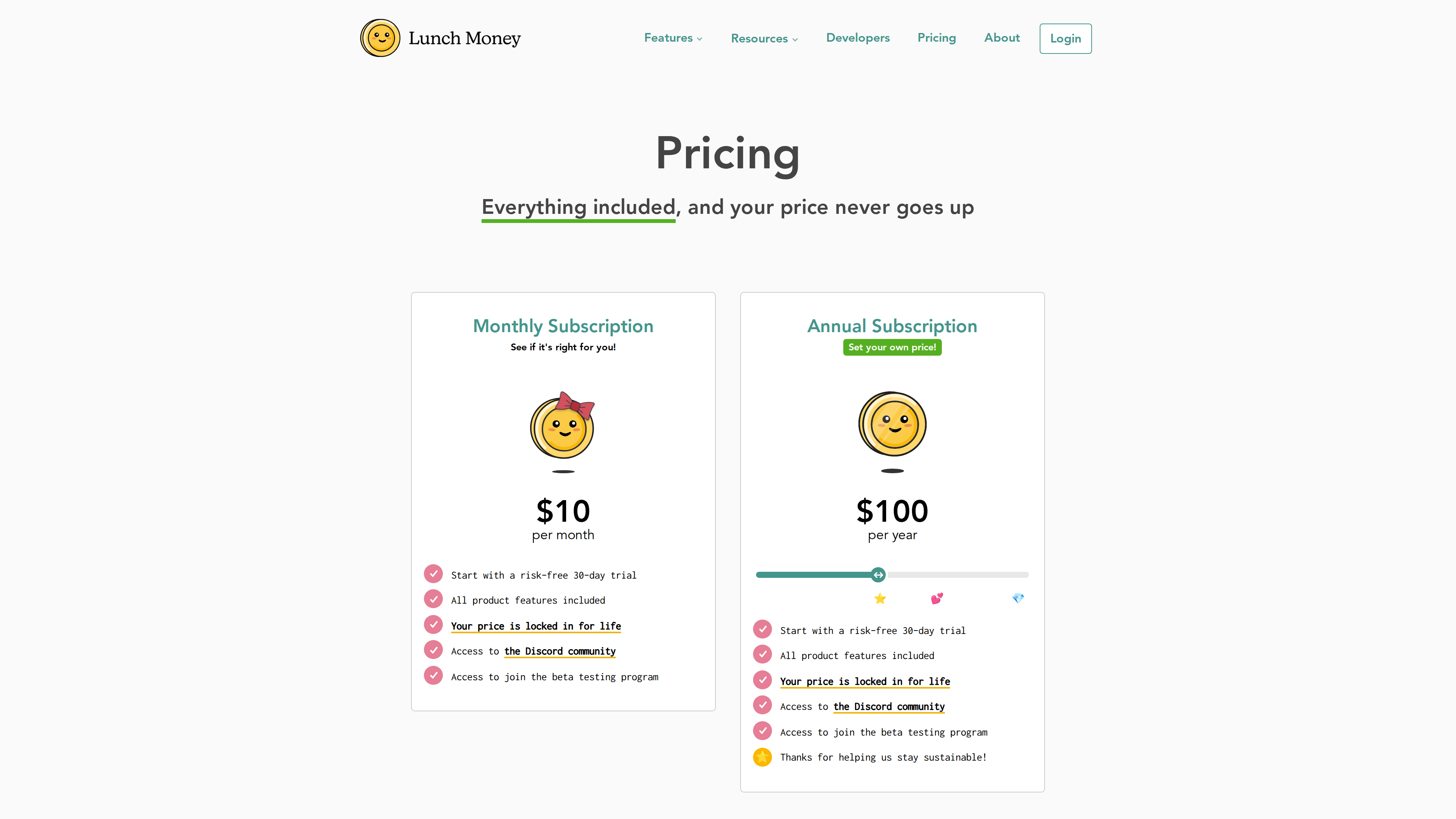 Screenshot of the Lunch Money pricing page: $10/month and $100/year plans, the annual plan with a 'Set your own price!' slider ($60-$150/year); both include a 30-day trial