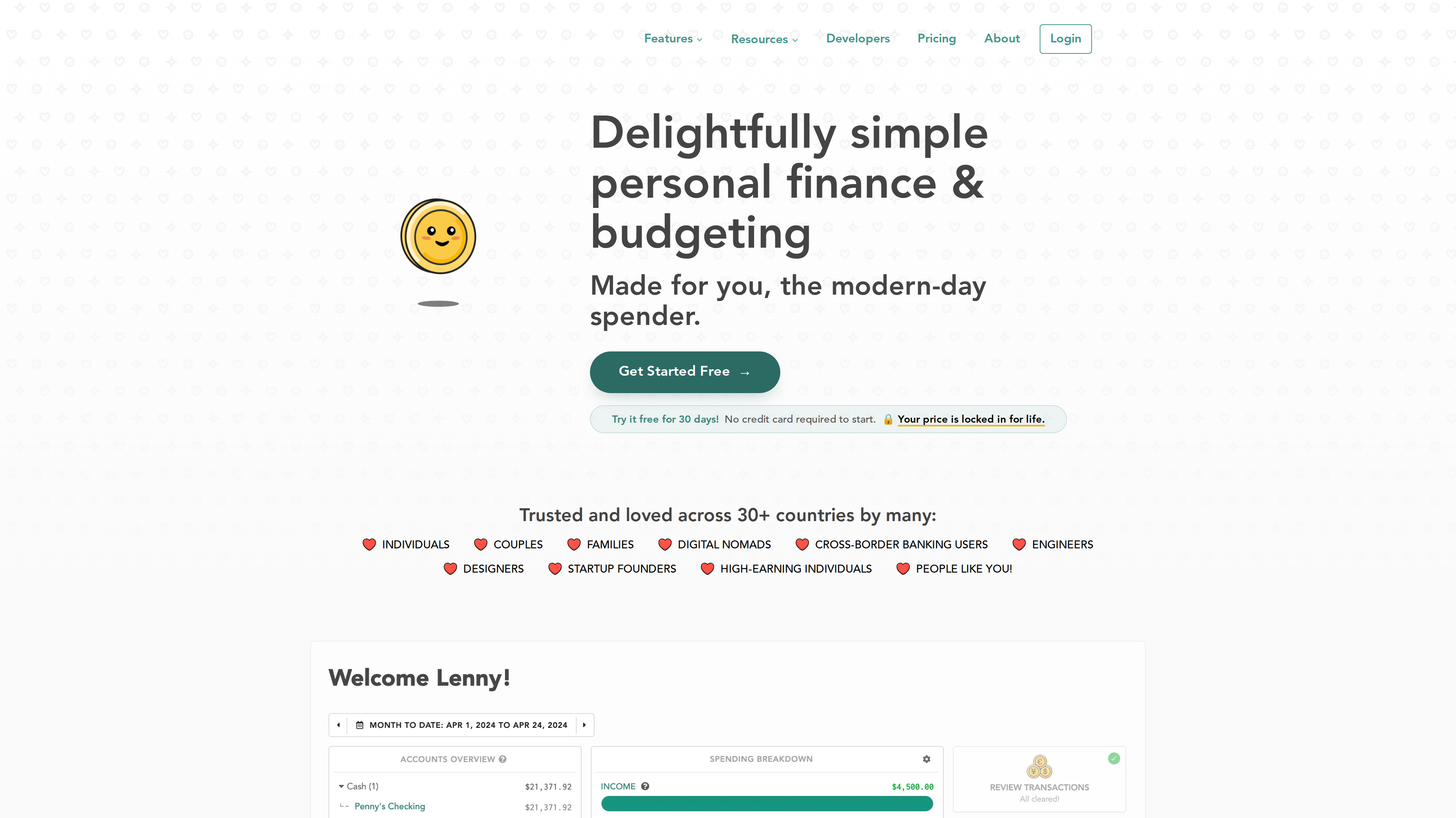 Screenshot of the Lunch Money homepage: the headline "Delightfully simple personal finance & budgeting" next to a smiling coin mascot, with badges for a 30-day free trial, no credit card required and a lifetime price lock, plus a list of audiences including digital nomads and cross-border banking users
