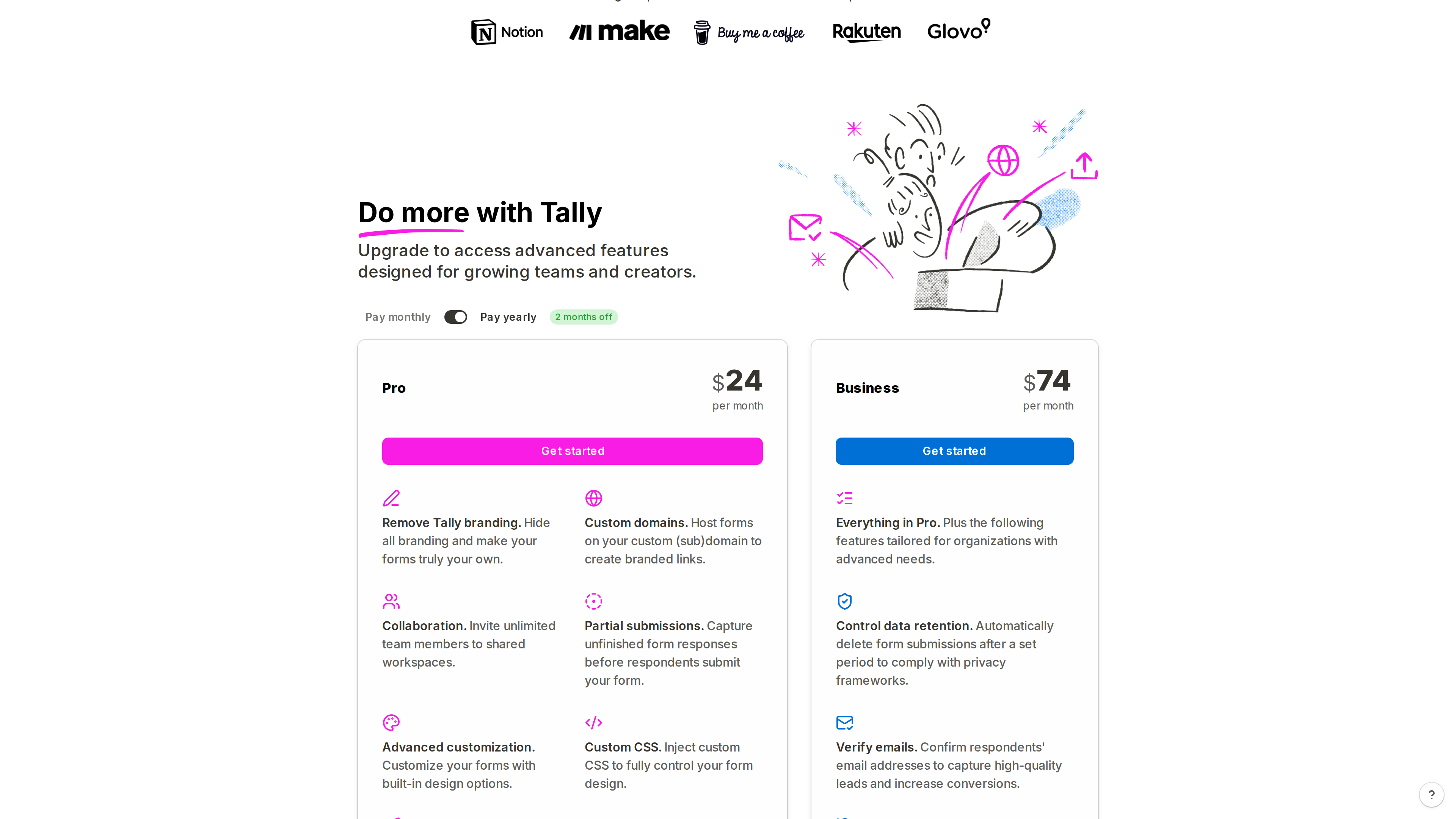 Screenshot of Tally's pricing page: Pro at <span class="katex"><span class="katex-mathml"><math xmlns="http://www.w3.org/1998/Math/MathML"><semantics><mrow><mn>24</mn><mi mathvariant="normal">/</mi><mi>m</mi><mi>o</mi><mi>n</mi><mi>t</mi><mi>h</mi><mi>a</mi><mi>n</mi><mi>d</mi><mi>B</mi><mi>u</mi><mi>s</mi><mi>i</mi><mi>n</mi><mi>e</mi><mi>s</mi><mi>s</mi><mi>a</mi><mi>t</mi></mrow><annotation encoding="application/x-tex">24/month and Business at</annotation></semantics></math></span><span class="katex-html" aria-hidden="true"><span class="katex-base"><span class="katex-strut" style="height:1em;vertical-align:-0.25em;"></span><span class="mord">24/</span><span class="mord mathnormal">m</span><span class="mord mathnormal">o</span><span class="mord mathnormal">n</span><span class="mord mathnormal">t</span><span class="mord mathnormal">han</span><span class="mord mathnormal">d</span><span class="mord mathnormal" style="margin-right:0.0502em;">B</span><span class="mord mathnormal">u</span><span class="mord mathnormal">s</span><span class="mord mathnormal">in</span><span class="mord mathnormal">ess</span><span class="mord mathnormal">a</span><span class="mord mathnormal">t</span></span></span></span>74/month with a monthly/yearly toggle above