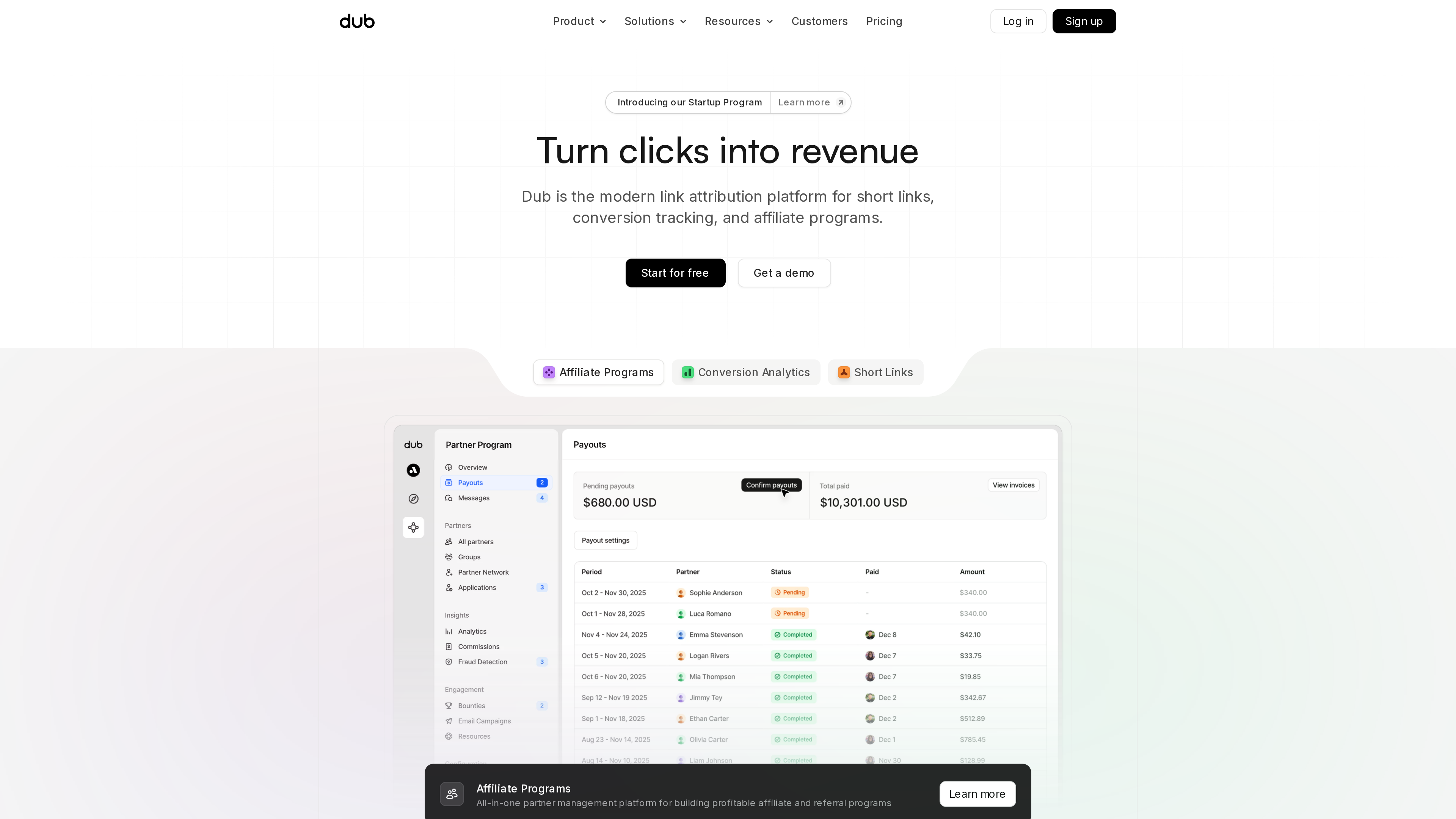 Screenshot of Dub's homepage: hero headline "Turn clicks into revenue" describing the link attribution platform for short links, conversion tracking and affiliate programs, with a partner-program payo