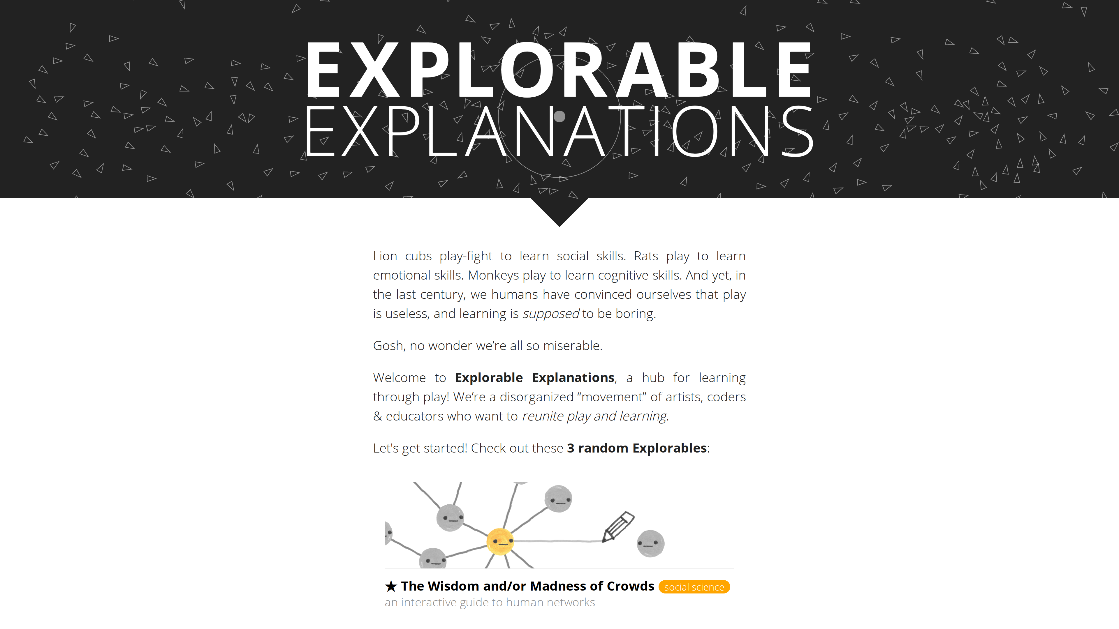 Screenshot of the Explorable Explanations homepage: a bold title over a black-and-white triangle pattern, with one randomly featured entry below — an interactive guide about the wisdom of crowds
