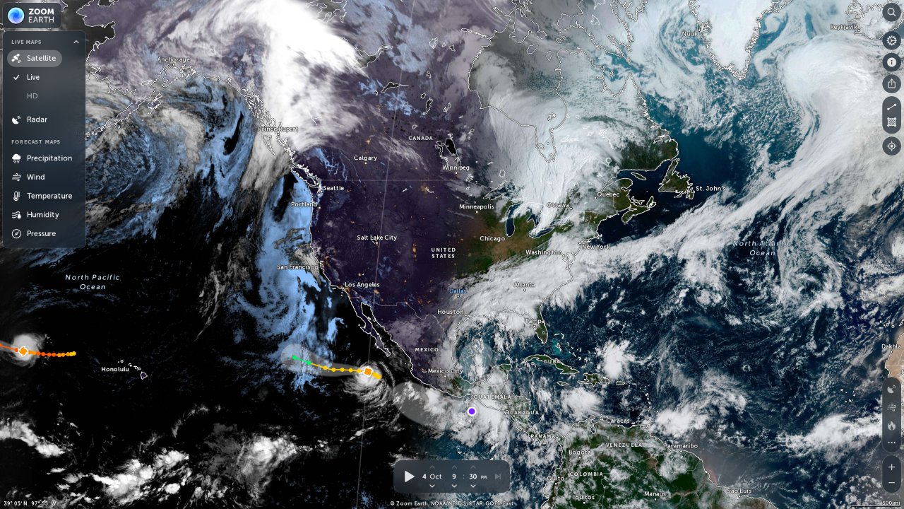 Screenshot of the Zoom Earth main interface: global satellite imagery