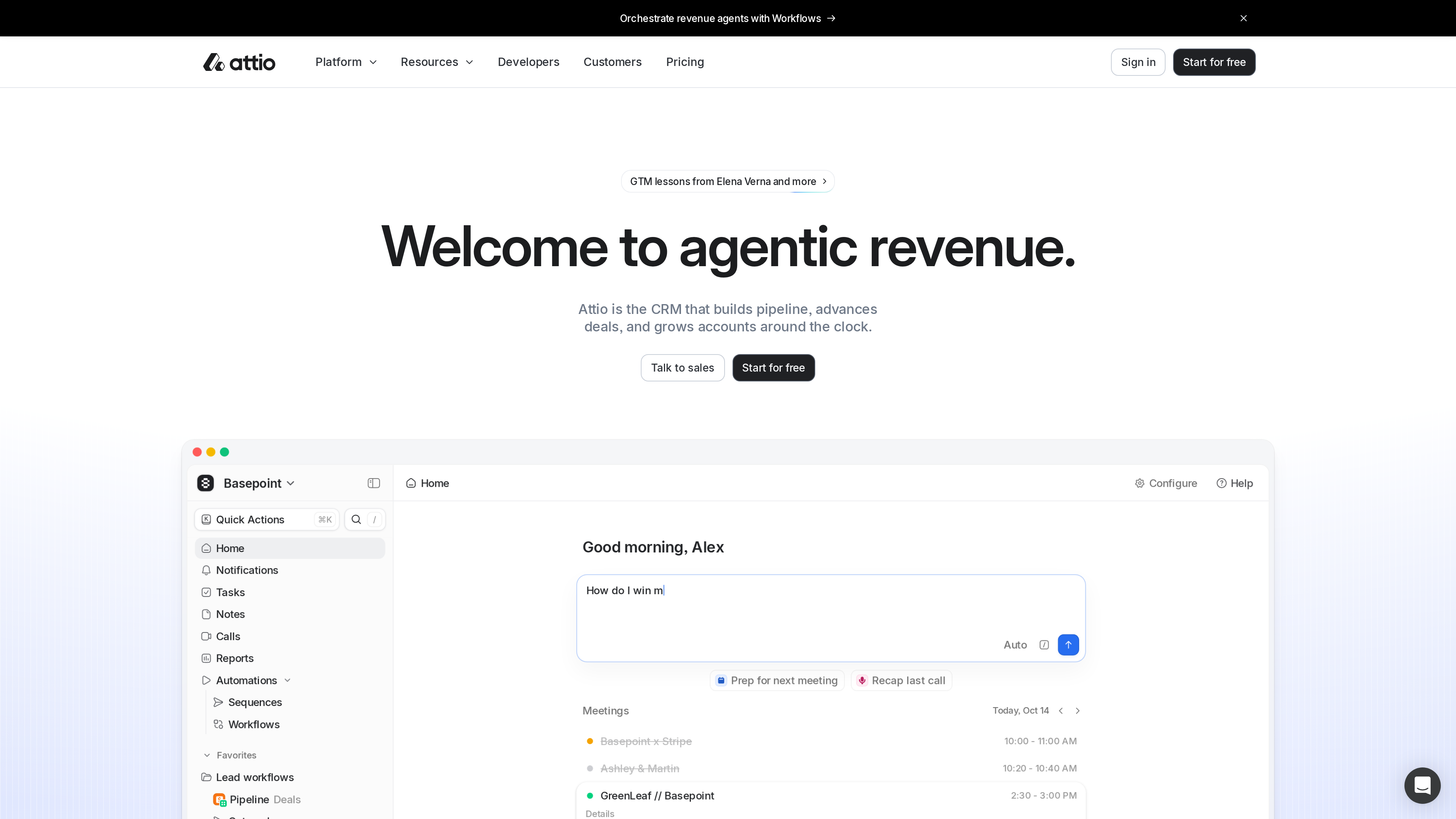 Screenshot of the Attio homepage: 'Welcome to agentic revenue' above the CRM interface