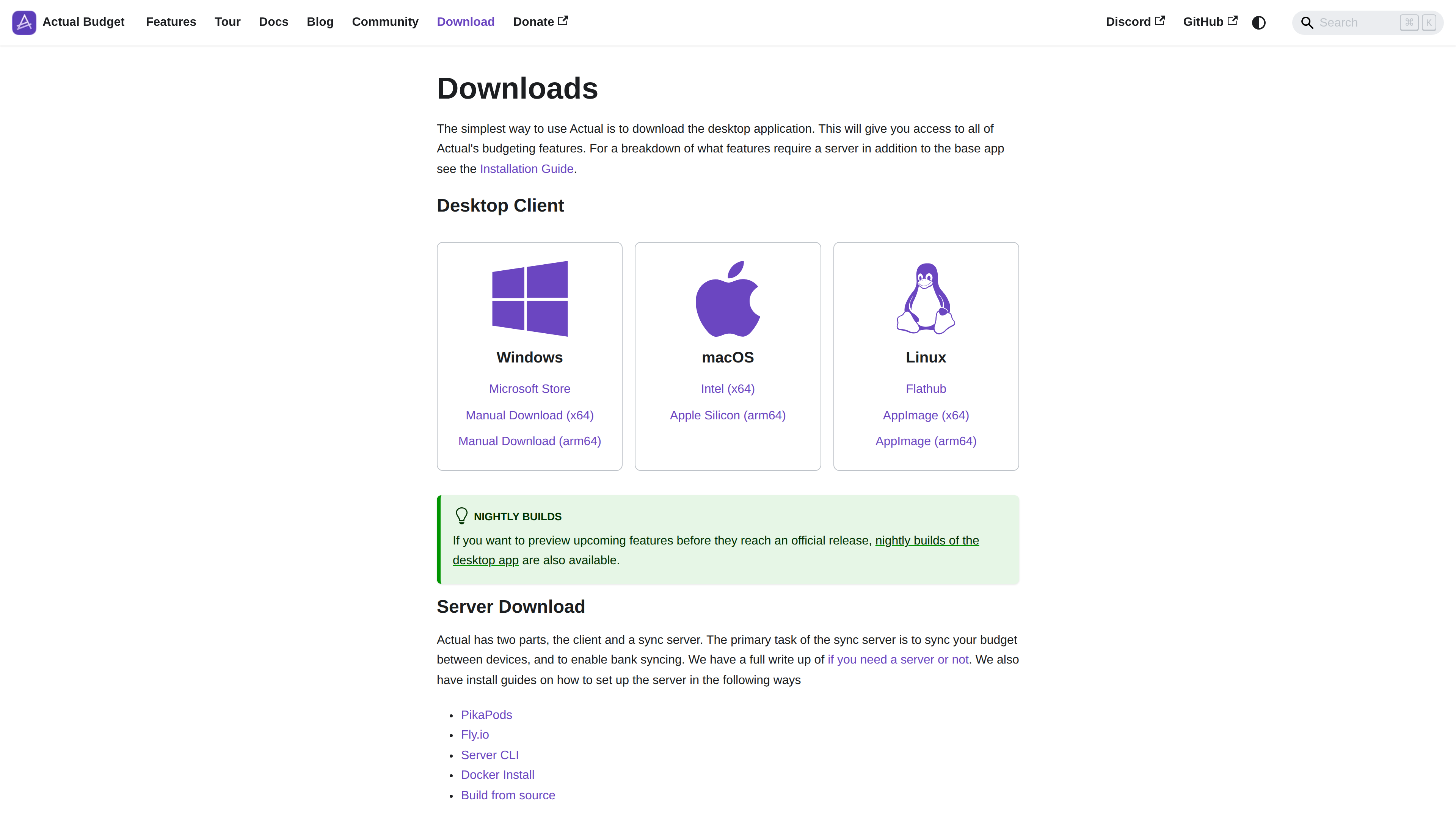 Actual Budget 官网下载页截图:Desktop Client 提供 Windows、macOS、Linux 三平台下载,Server Download 列出 PikaPods、Fly.io、Server CLI、Docker 与源码构建等服务器安装方式