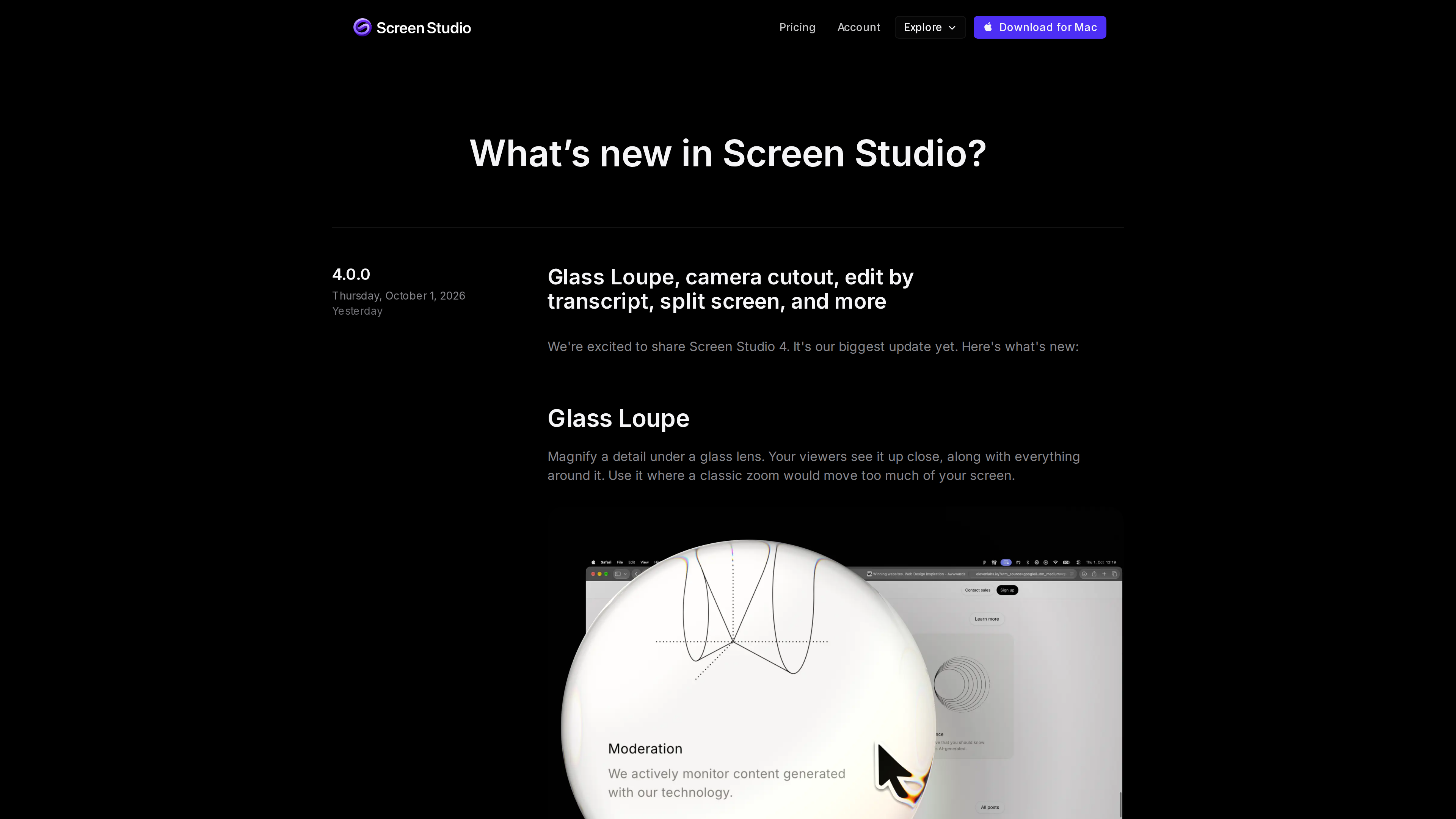 Screenshot of the Screen Studio changelog: the 4.0.0 entry dated October 1, 2026, titled "Glass Loupe, camera cutout, edit by transcript, split screen, and more"