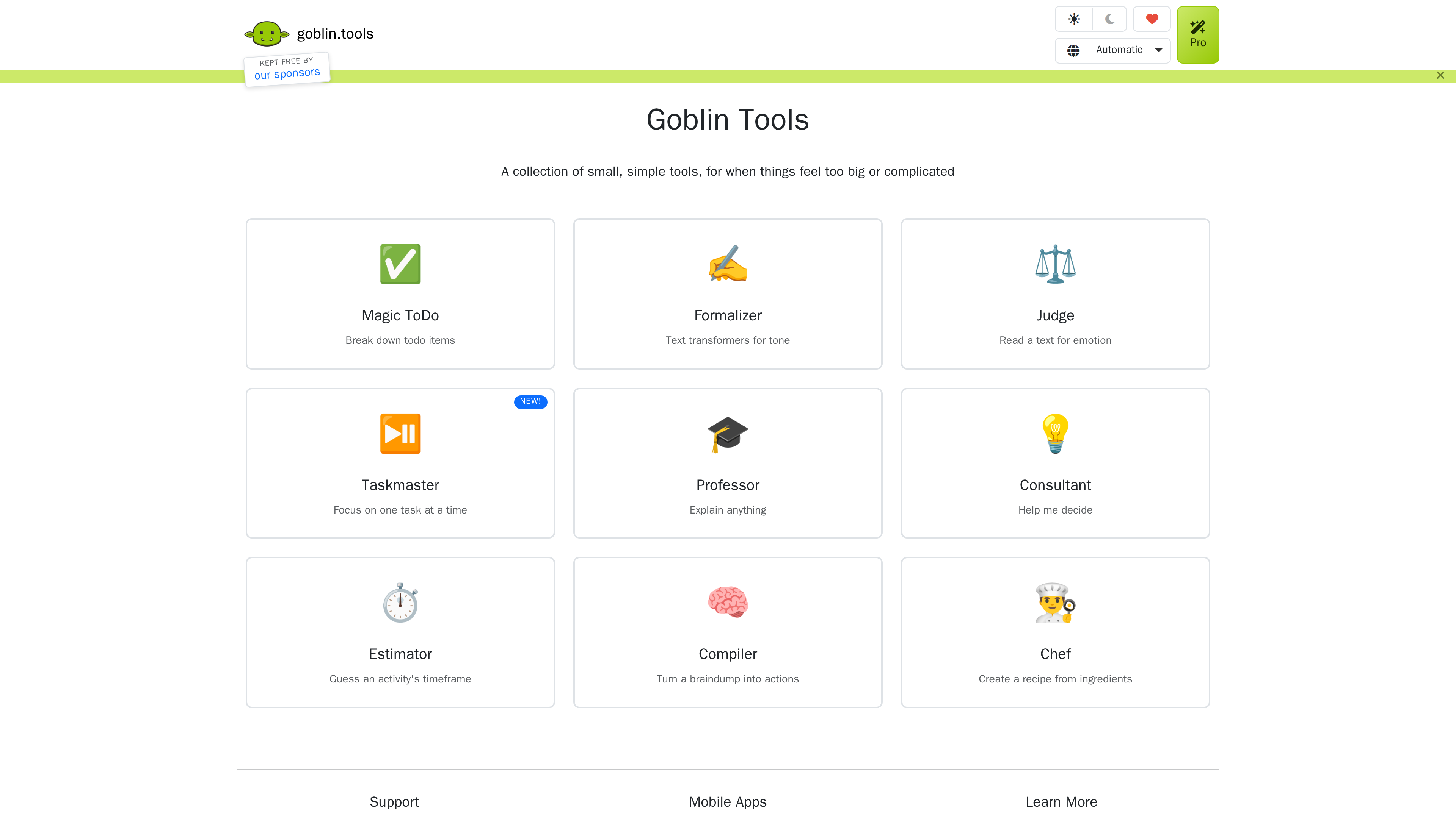 Goblin Tools 官网首页截图：Magic ToDo、Formalizer、Judge、Taskmaster、Professor、Consultant、Estimator、Compiler、Chef 九个工具卡片