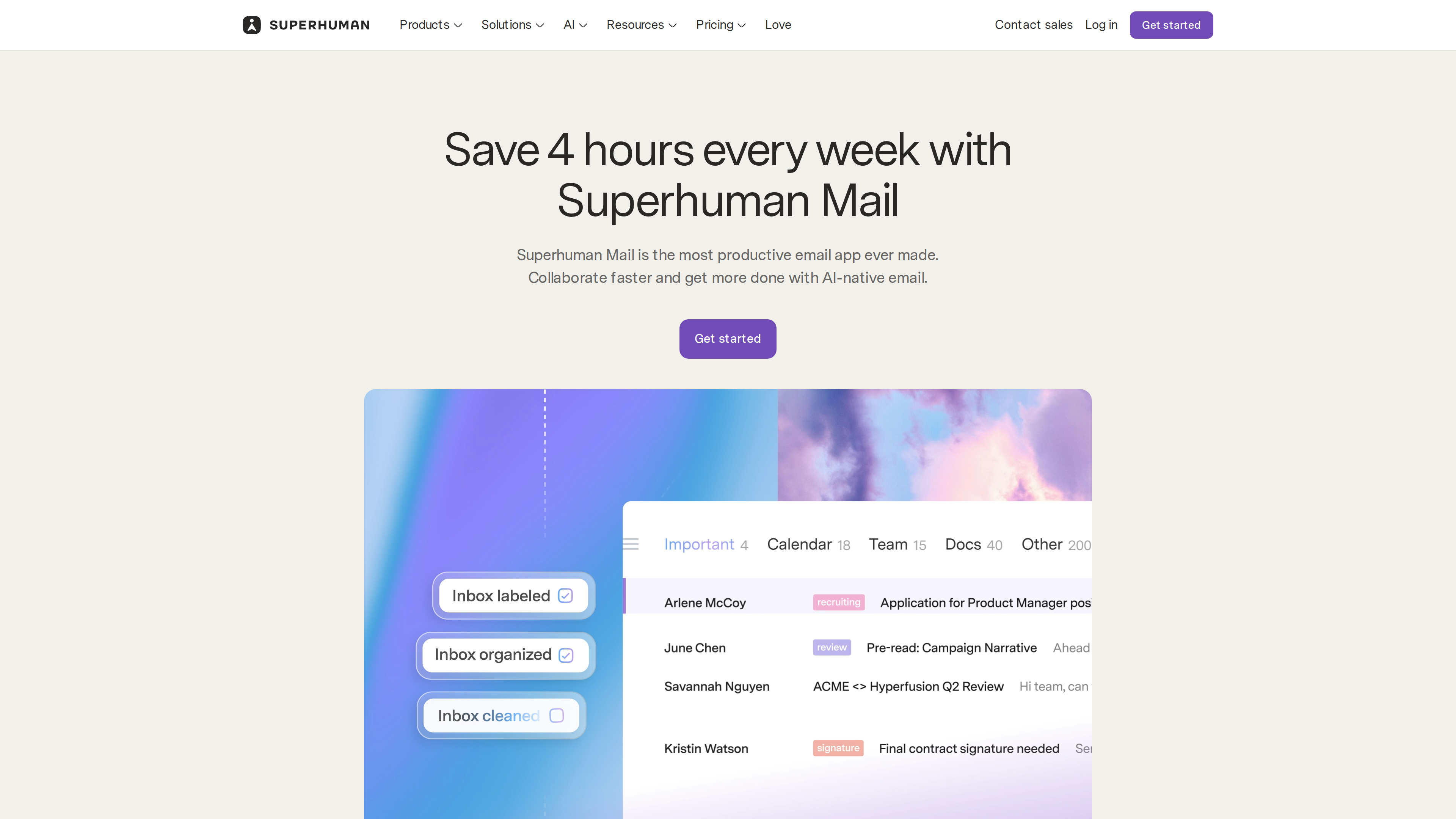 Screenshot of the Superhuman Mail product page hero: the headline "Save 4 hours every week with Superhuman Mail" above a demo inbox split into Important, Calendar, Team, Docs and Other tabs