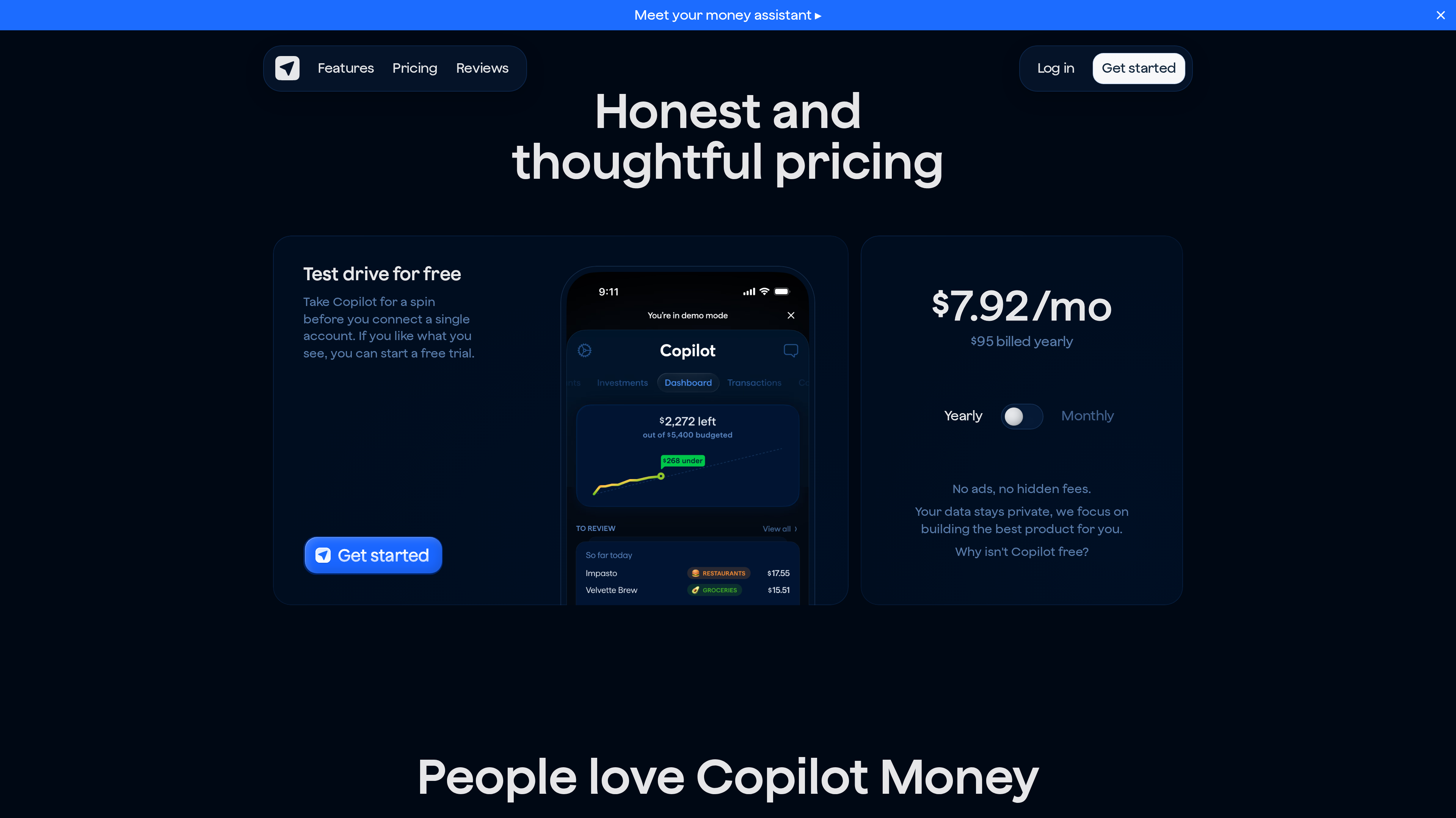 Screenshot of the Copilot Money pricing section: the $7.92/mo ($95 billed yearly) card with a Yearly/Monthly toggle beside a demo-mode iPhone mock