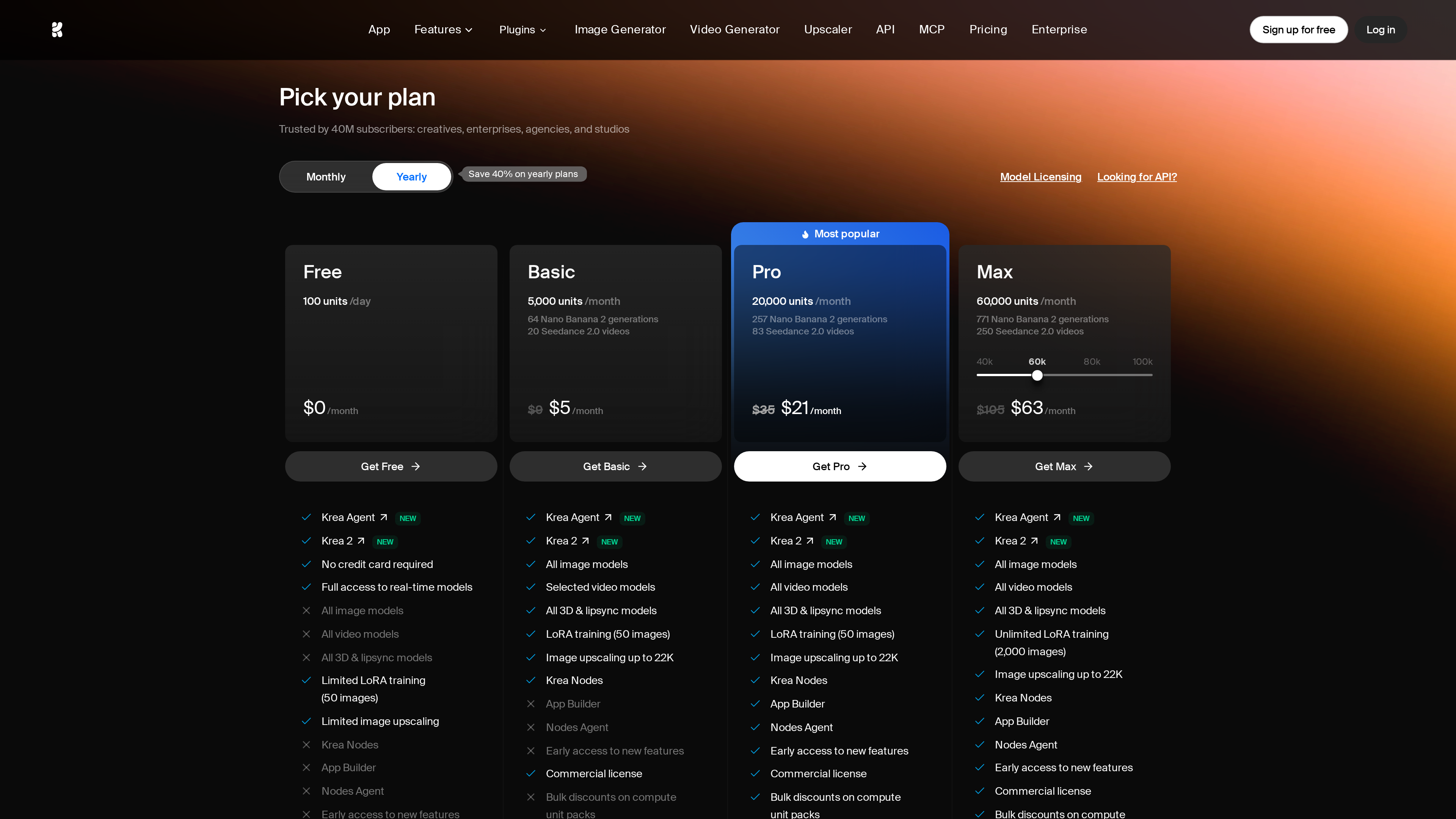 Krea pricing page: Free, Basic, Pro, and Max tiers compared (yearly view)