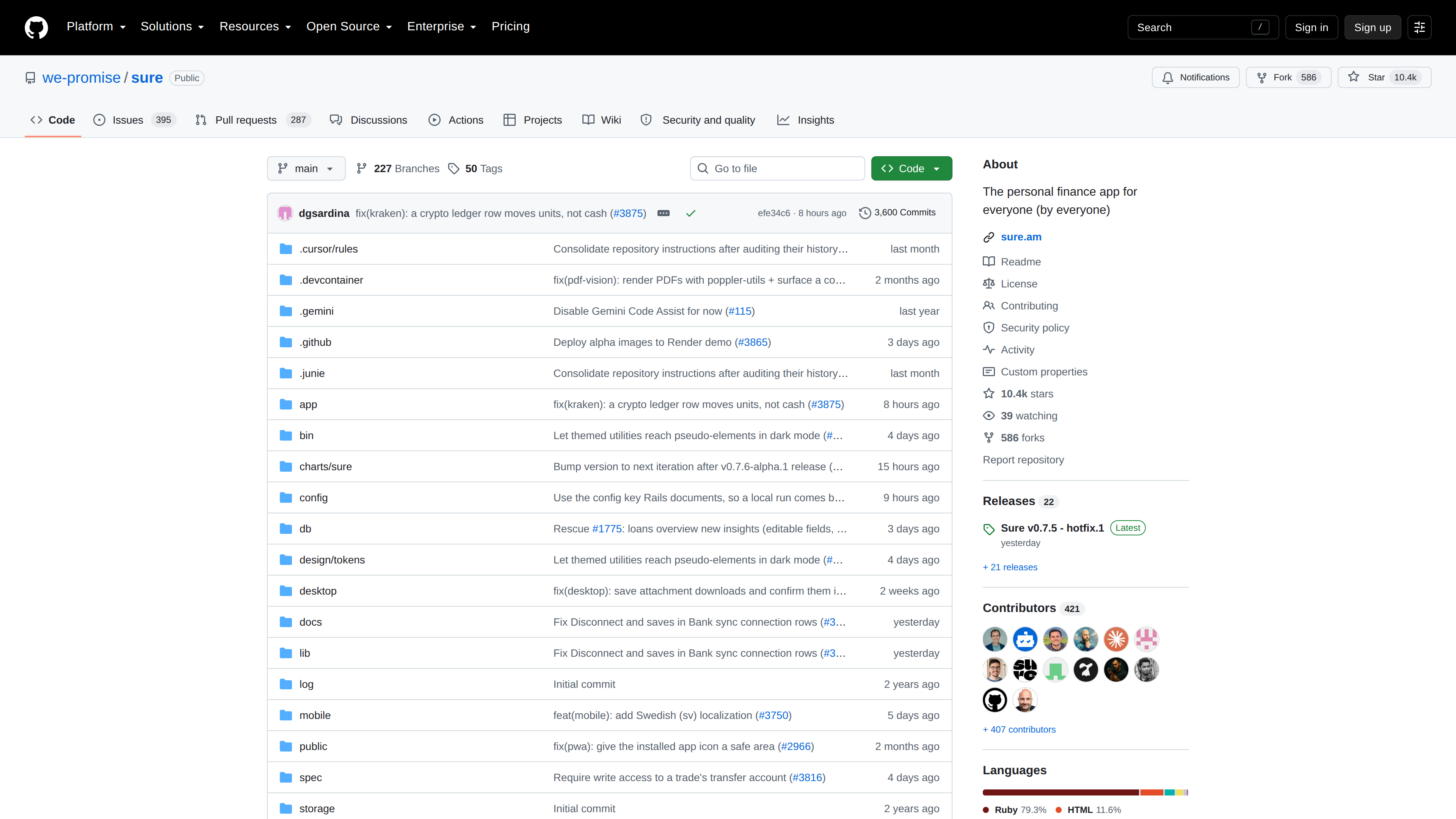 Screenshot of the we-promise/sure GitHub repository: 10.4k stars, 421 contributors, and commits from hours ago