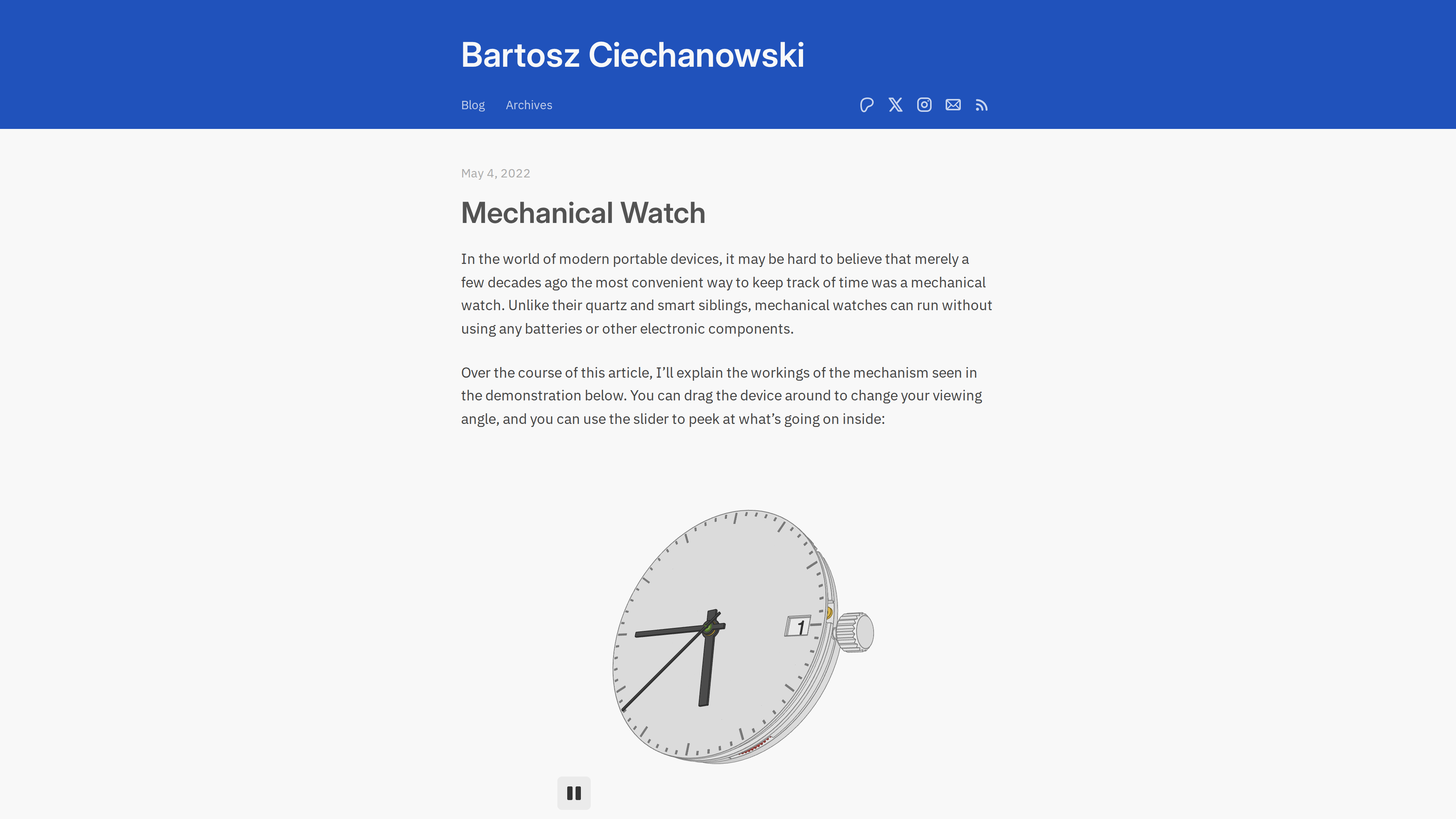 Screenshot of the Mechanical Watch essay: a 3D watch model with visible dial, hands and crown; a slider peels away layers to reveal the movement inside