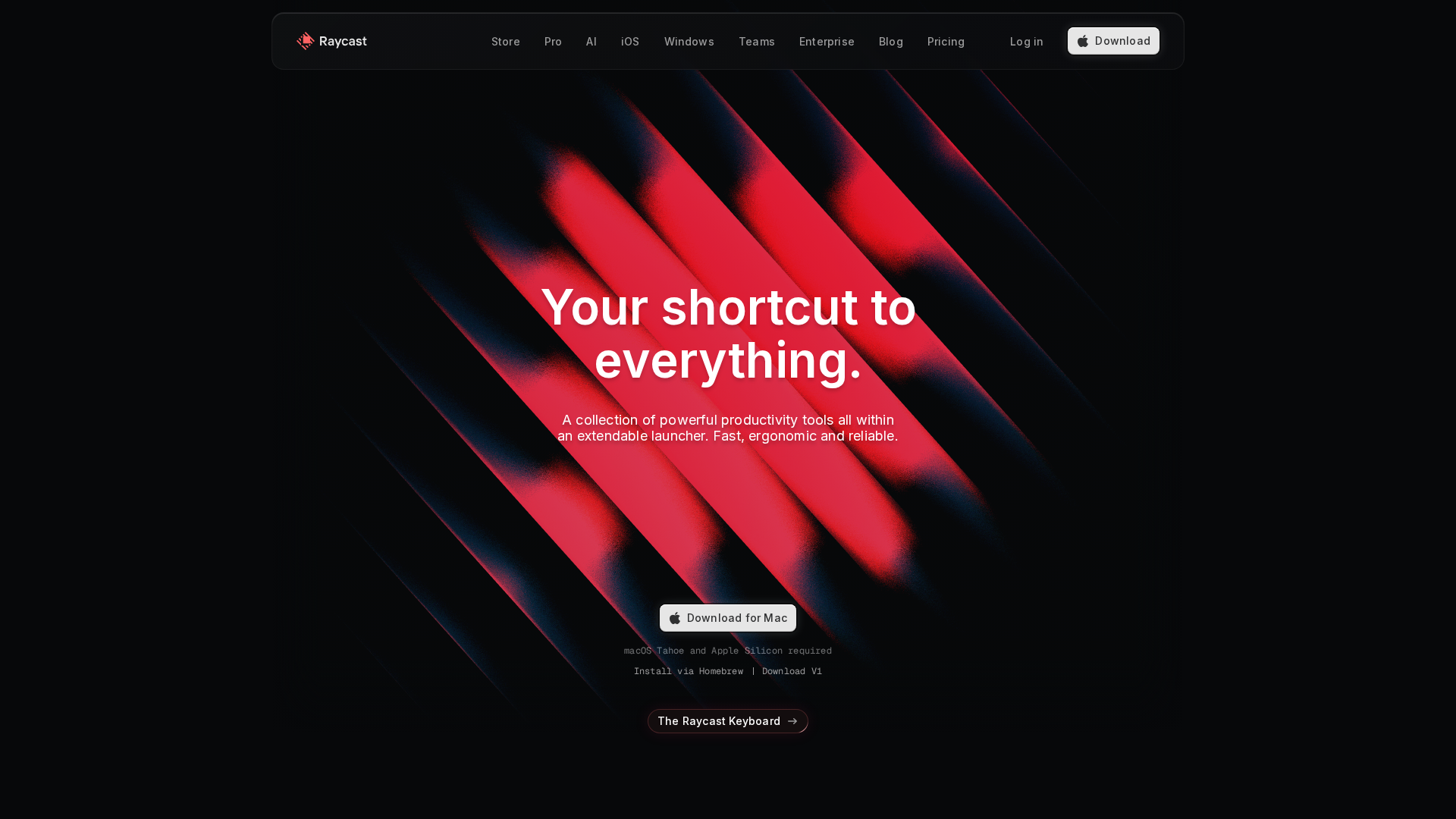 Screenshot of the Raycast homepage: hero headline "Your shortcut to everything." above the Mac download button and the macOS Tahoe / Apple Silicon requirement note