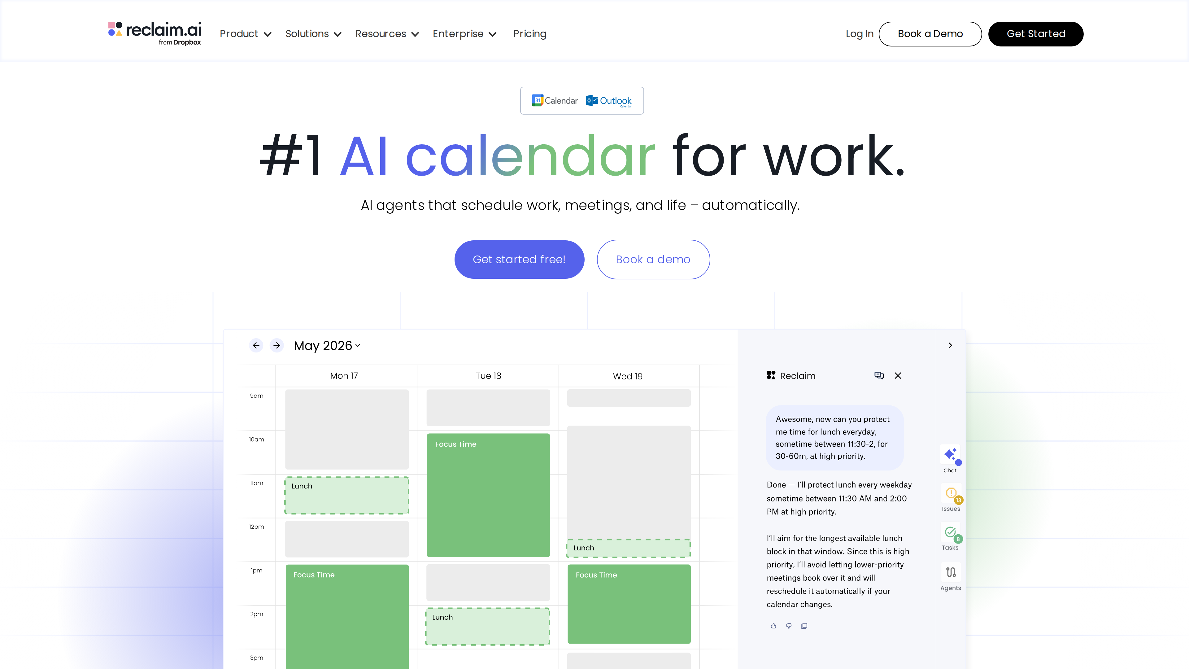 Screenshot of the Reclaim homepage: nav reads "reclaim.ai from Dropbox", hero headline "#1 AI calendar for work" above a demo of the calendar week view and AI scheduling chat