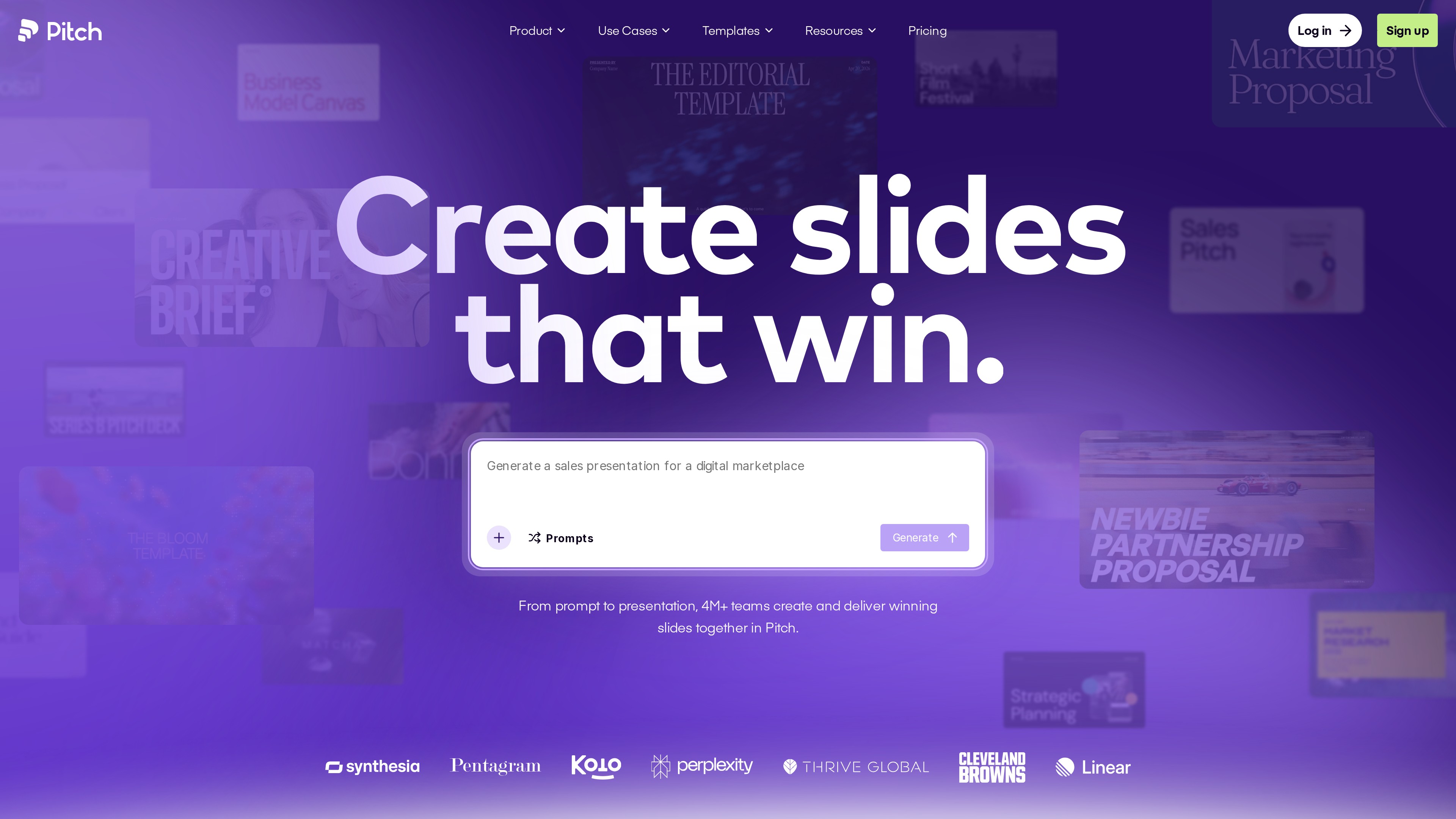 Screenshot of the Pitch homepage: hero headline "Create slides that win." above an AI prompt box, the "4M+ teams" tagline and a customer logo wall