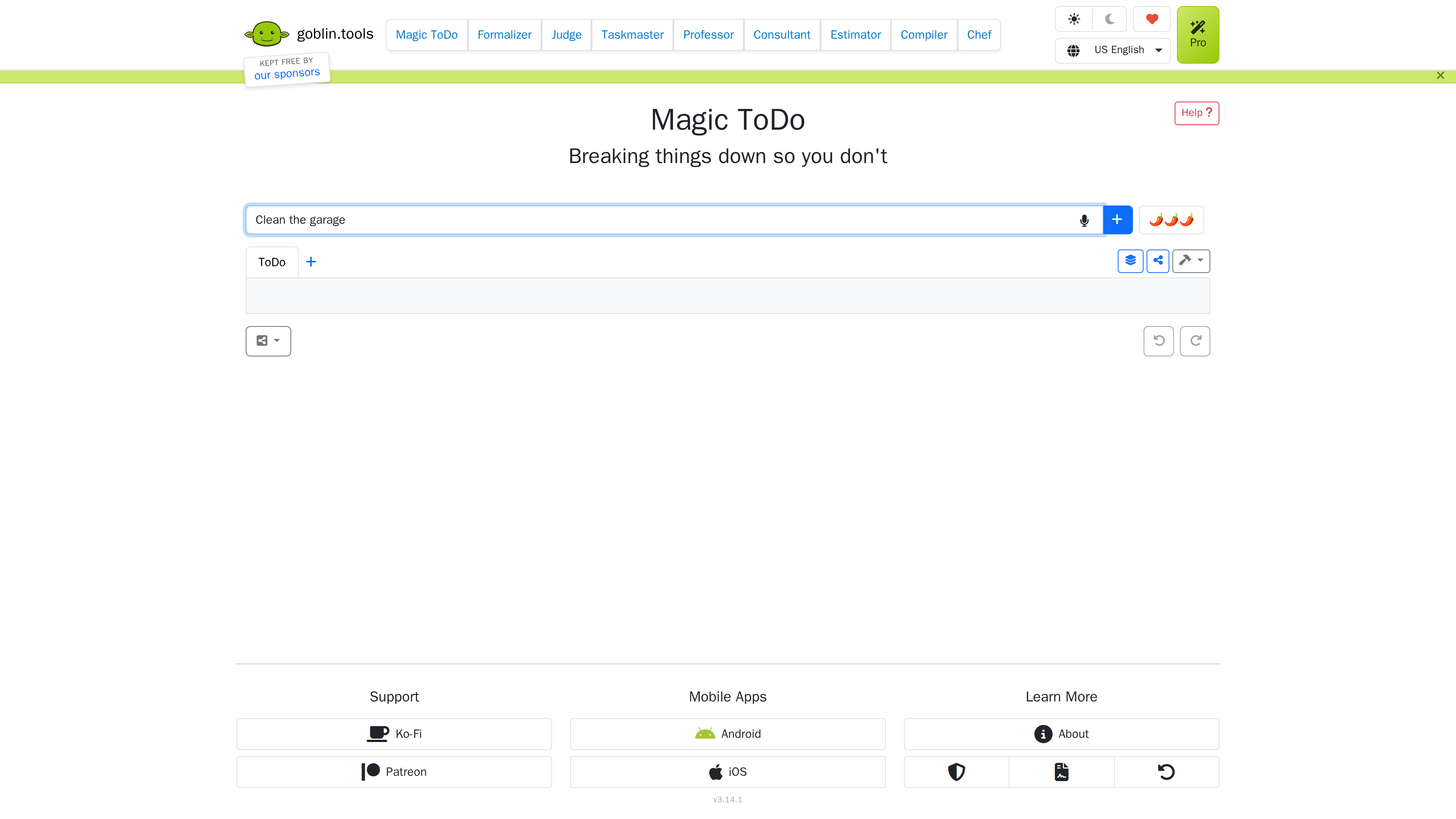 Magic ToDo 页面截图：输入框填入 "Clean the garage"，右侧为 🌶🌶🌶 辣度选择与触发 AI 拆解的魔法棒按钮