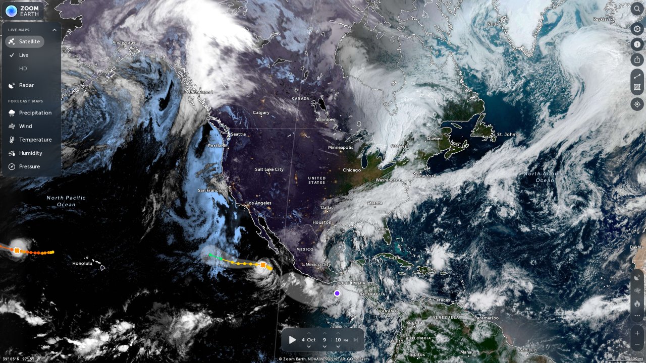 Screenshot of the Zoom Earth interface: layer panel and timeline