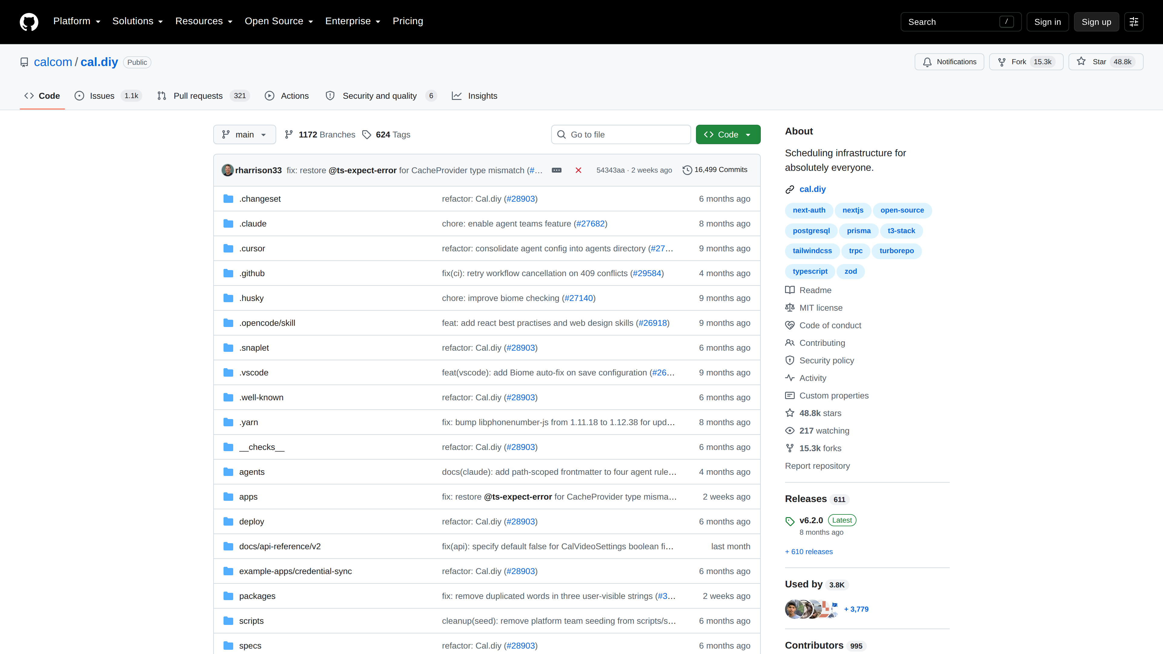 Screenshot of the calcom/cal.diy GitHub repository page: the former calcom/cal.com address redirects here; the About sidebar shows an MIT license, 48.8k stars and 15.3k forks