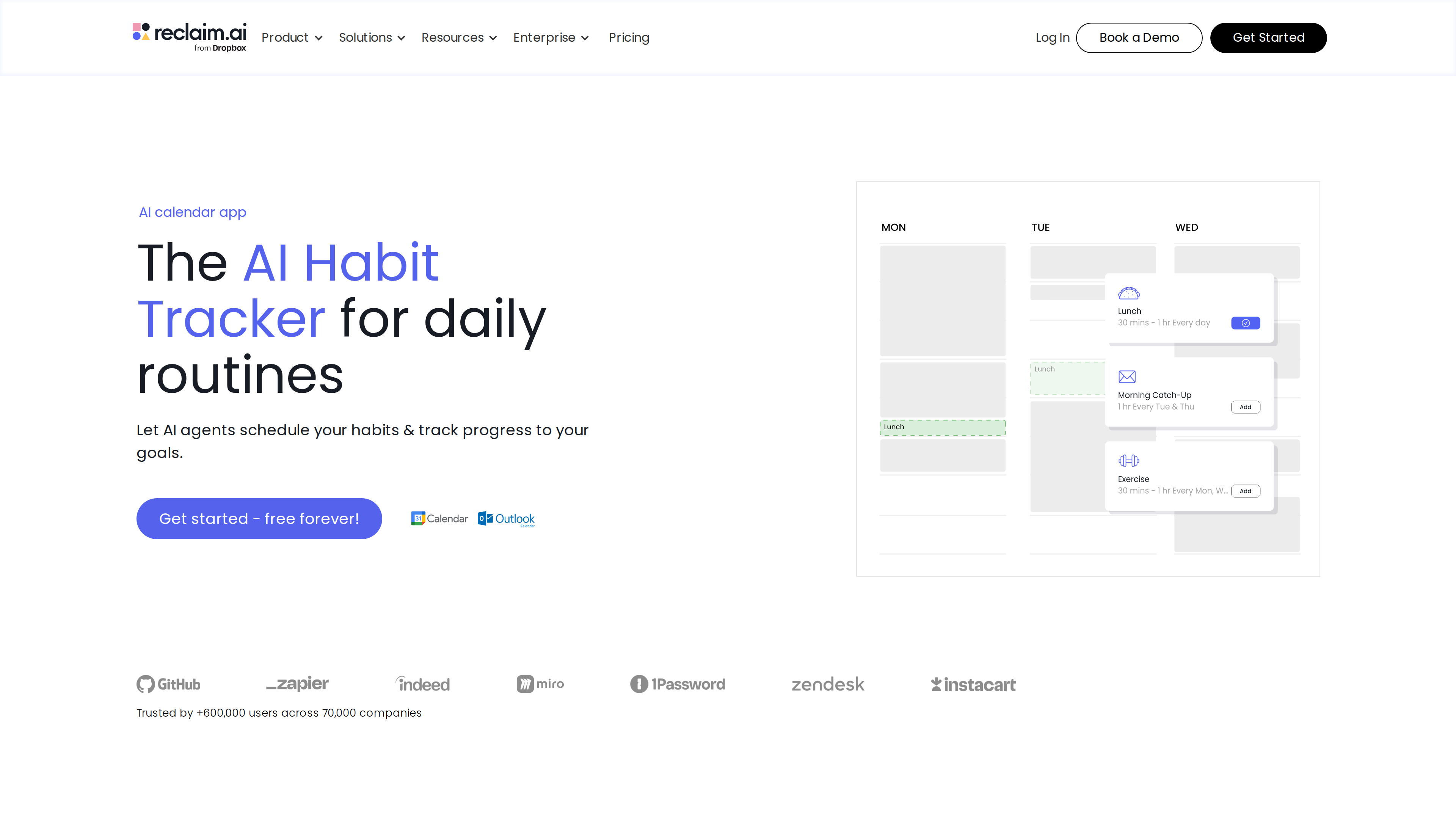 Screenshot of the Reclaim Habits feature page: headline "The AI Habit Tracker for daily routines" beside a calendar demo overlaid with Lunch, Morning Catch-Up and Exercise habit template cards