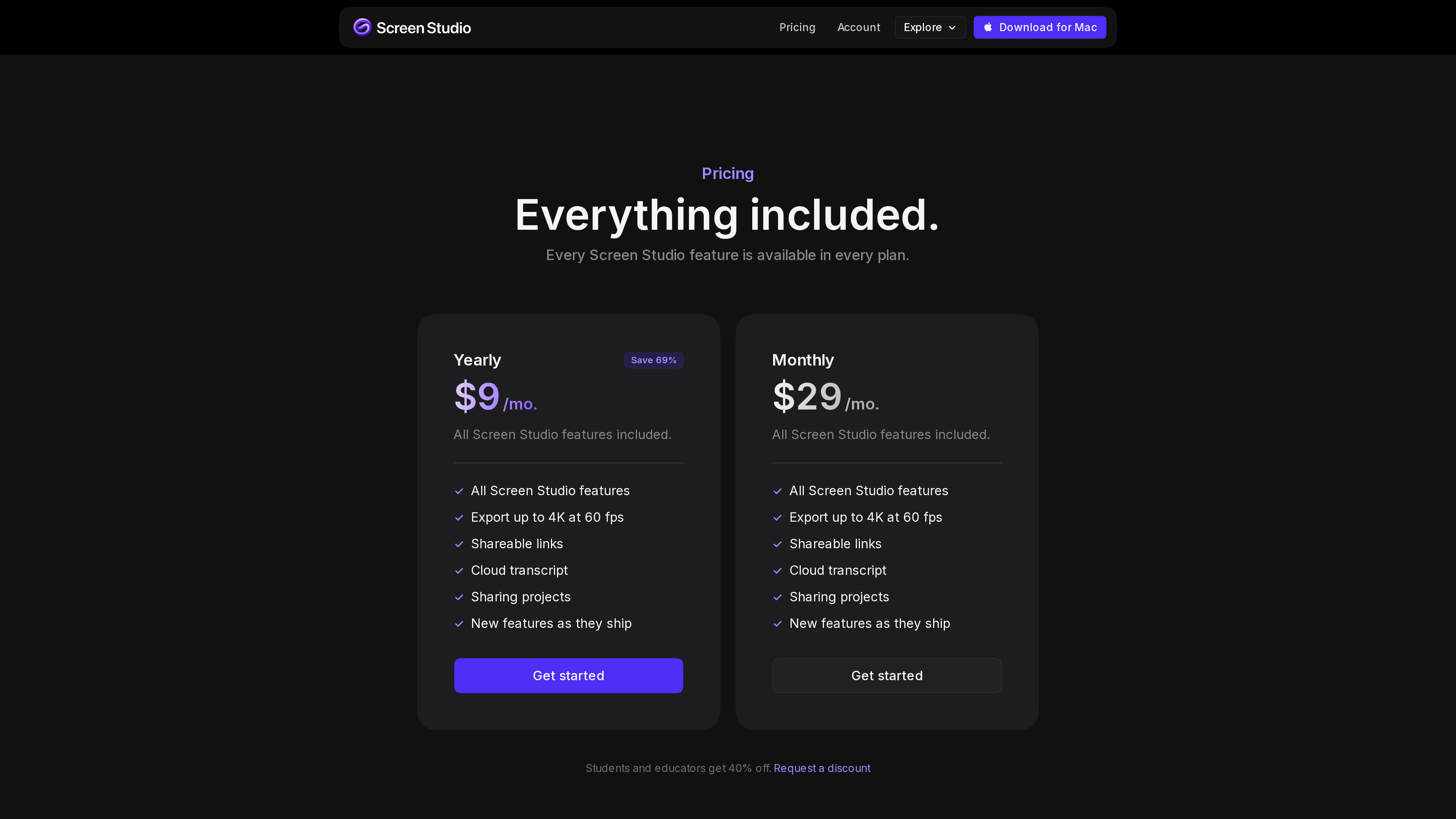 Screenshot of the Screen Studio pricing section: under "Everything included.", the Yearly plan at $9/mo and Monthly at $29/mo with identical features; 40% education discount noted below