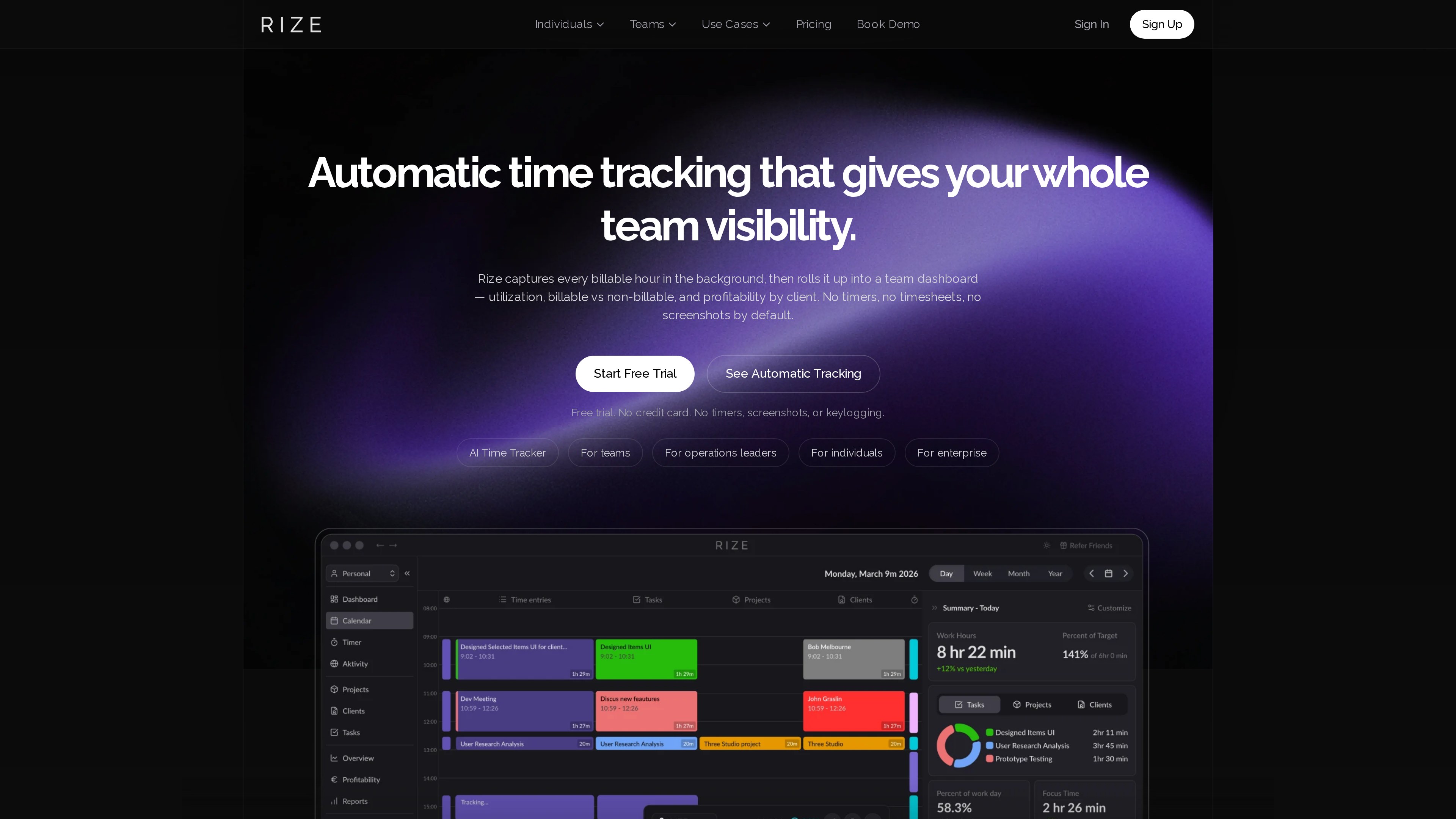 Screenshot of the Rize homepage: dark hero with the headline "Automatic time tracking that gives your whole team visibility" above a demo of the product timeline