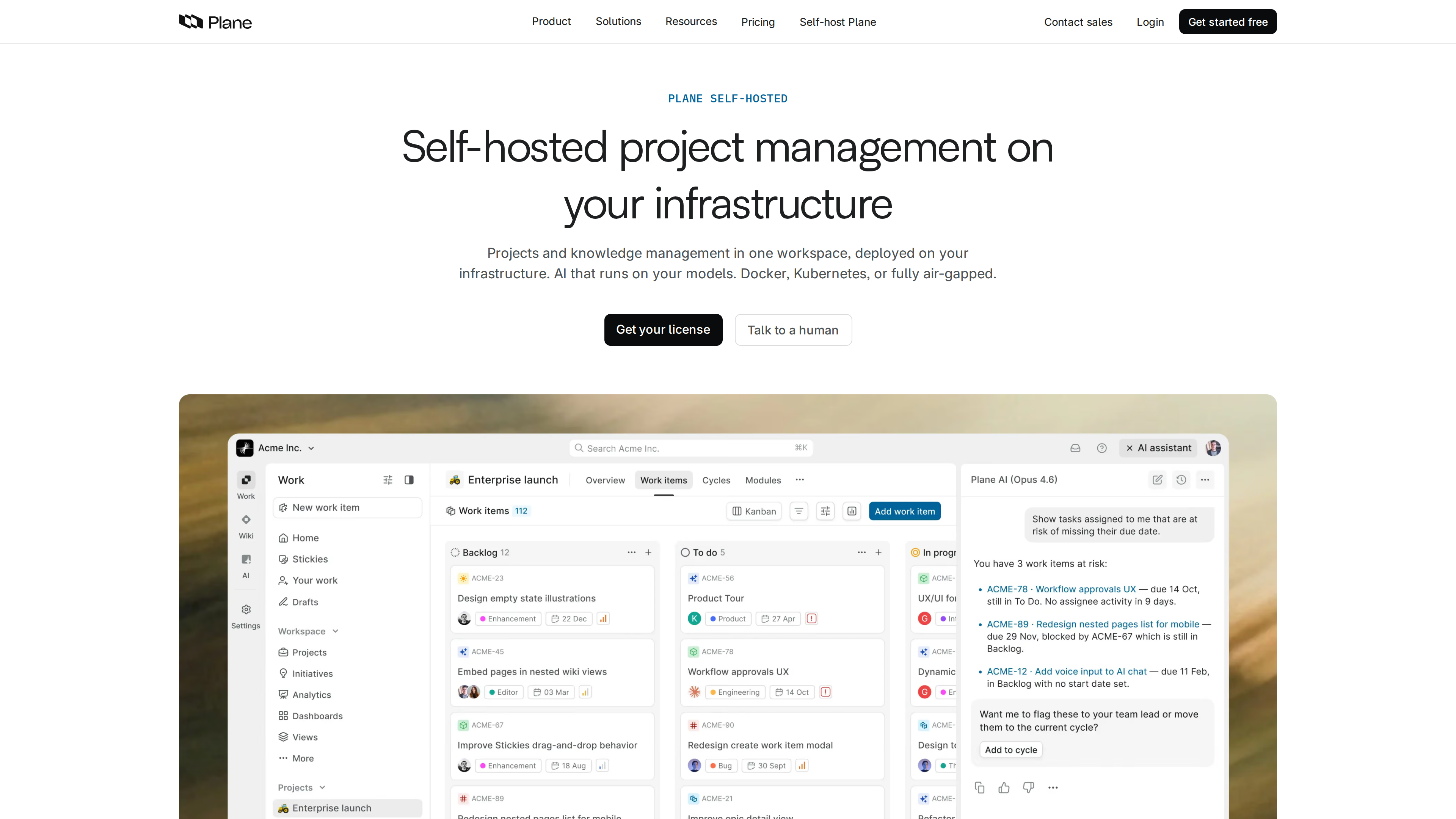 Screenshot of Plane's self-hosted page: the headline "Self-hosted project management on your infrastructure" above a board view with a Plane AI sidebar