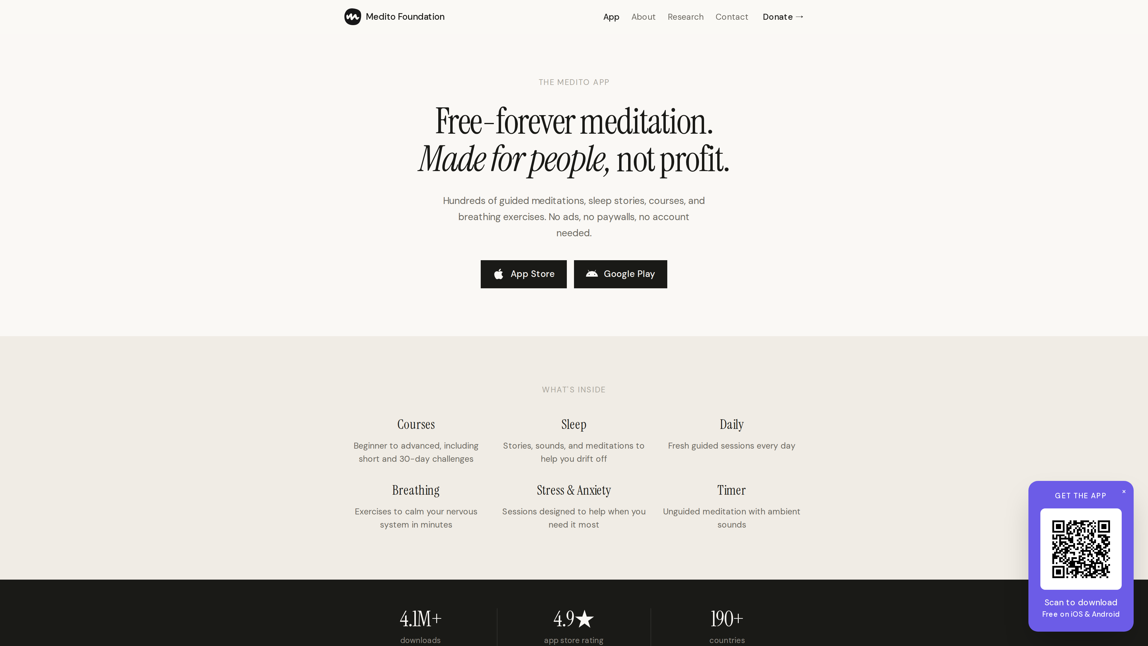 Screenshot of the Medito app page: "Free-forever meditation. Made for people, not profit." with App Store and Google Play buttons, and the six content categories — Courses, Sleep, Daily, Breathing, Stress & Anxiety, Timer