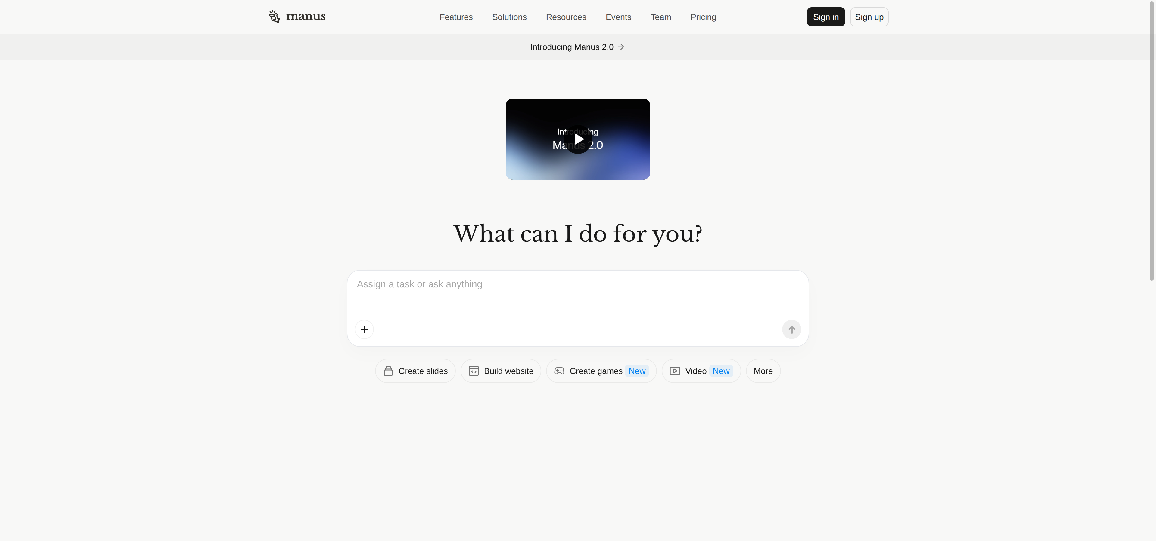 Manus homepage: task input box with quick actions for slides, websites, games, and video