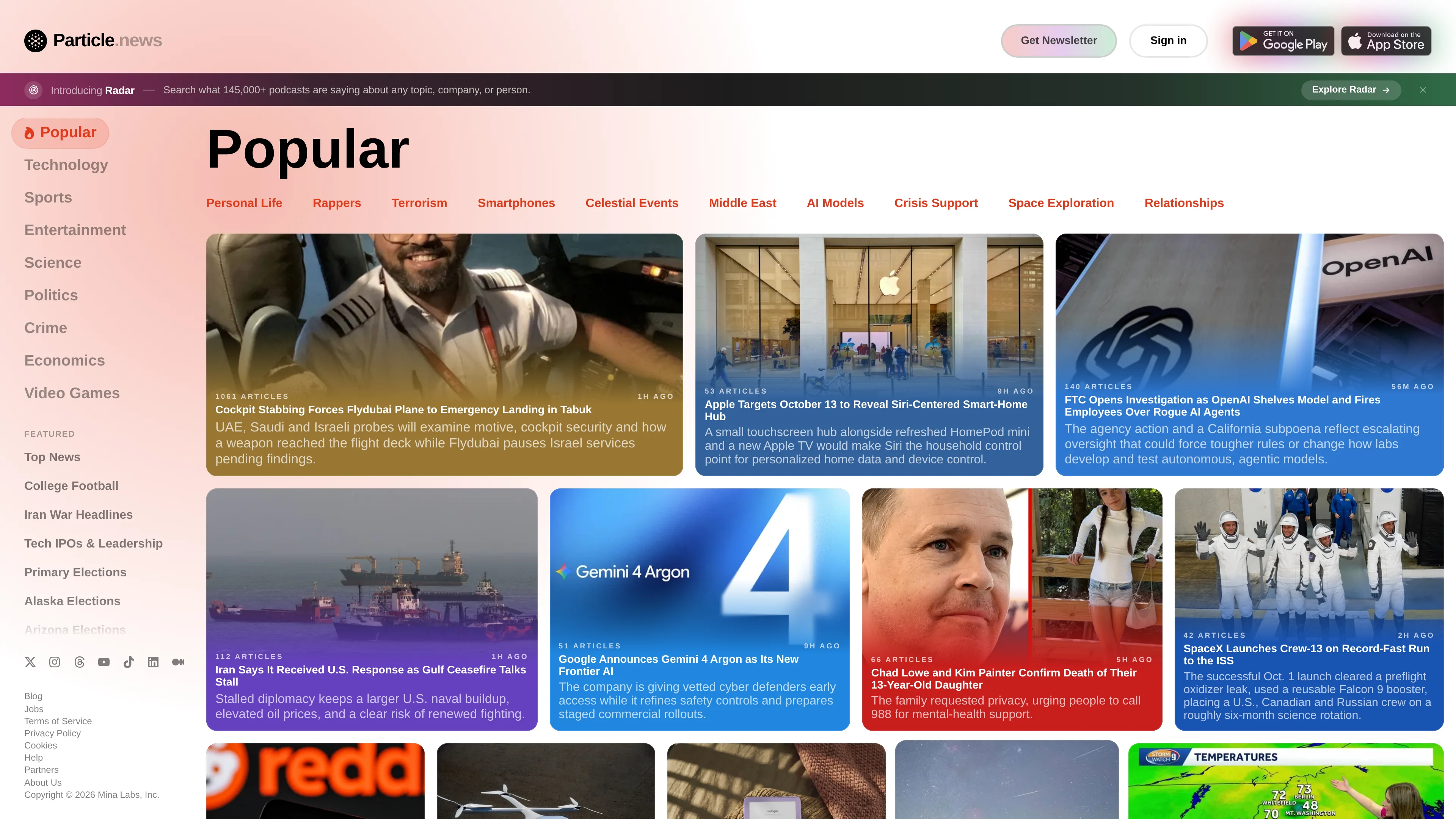 Particle homepage: news stories clustered from multiple articles, each card showing the number of source articles and the last update time