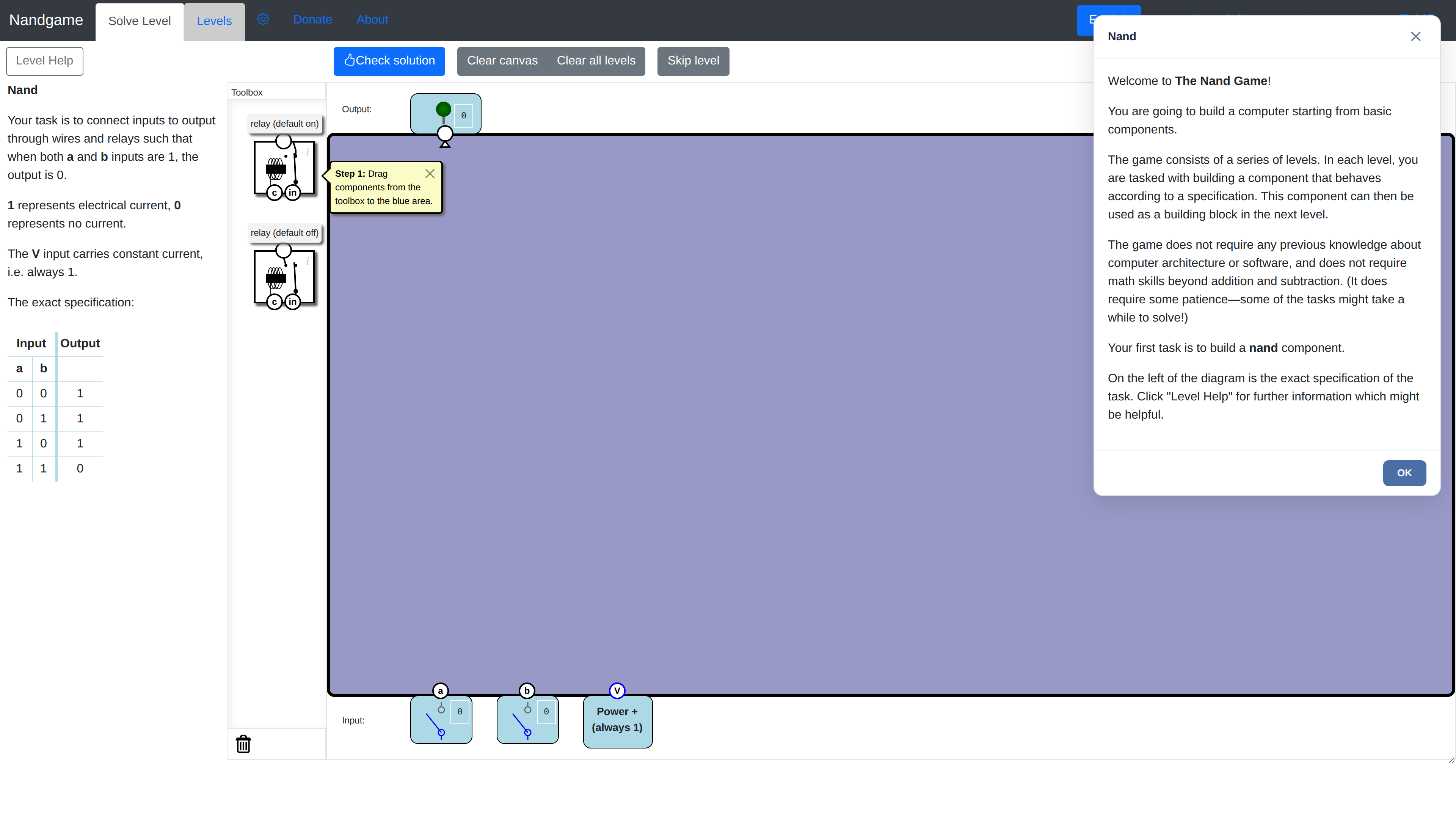 Screenshot of the NandGame interface: the left panel shows the Nand level's specification and truth table, the central canvas accepts relay components for wiring, and a welcome dialog sits on the right