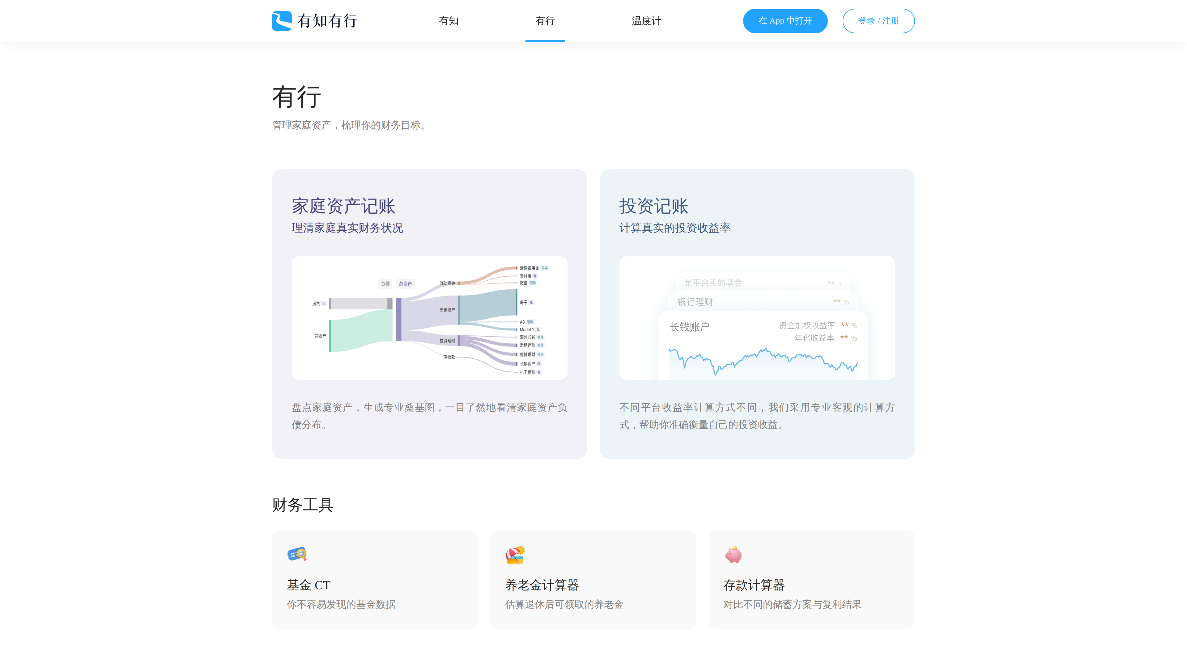 Screenshot of the Youxing tools page: household asset tracking with a Sankey diagram example, investment tracking with a return-curve example, and Fund CT, pension and savings calculators below