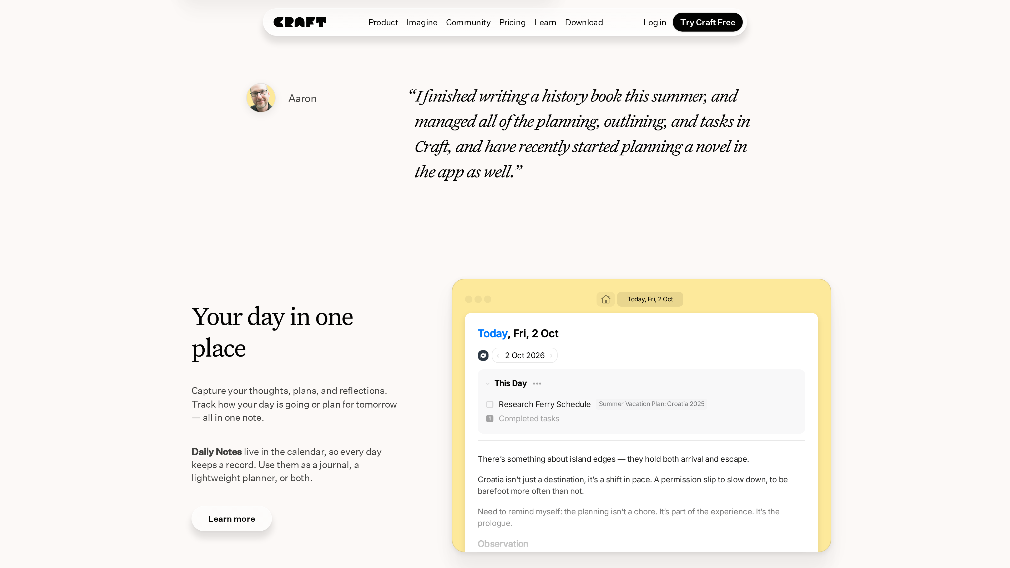 Craft Plan page screenshot: "Your day in one place" section demoing a Daily Note with the day's task list and journal entries