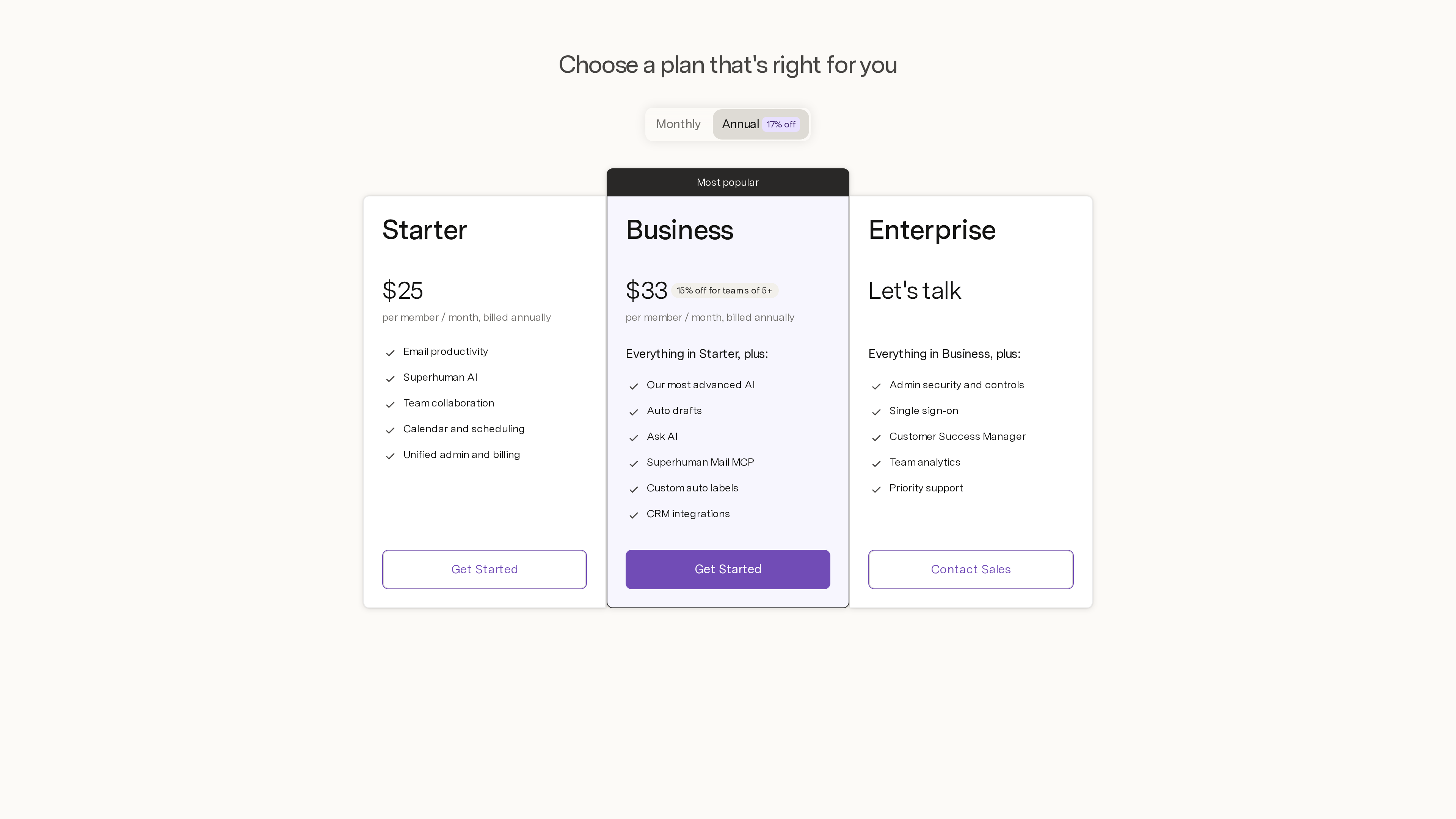 Screenshot of the Superhuman Mail pricing page: Starter at $25/member/month billed annually, Business at $33/member/month flagged "Most popular", and Enterprise as "Let's talk"