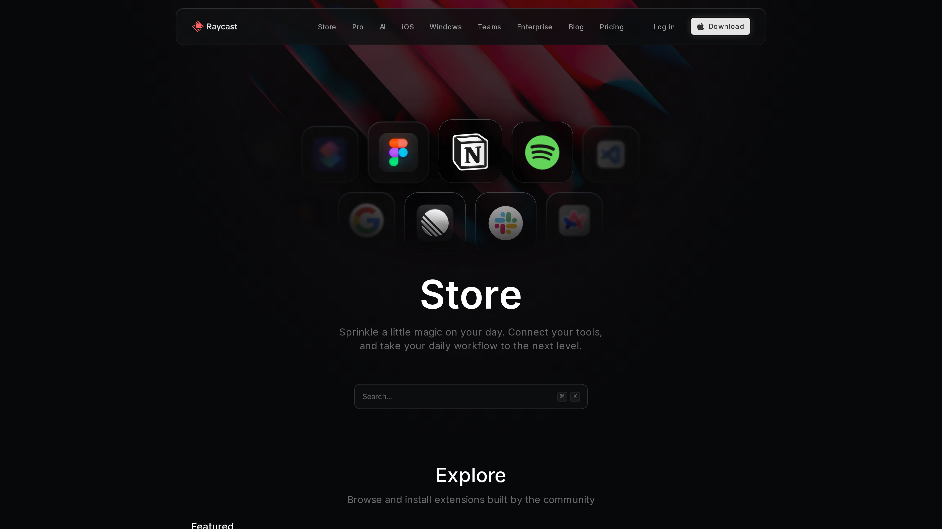 Screenshot of the Raycast Store: a wall of popular extension icons and a search box above the Featured section