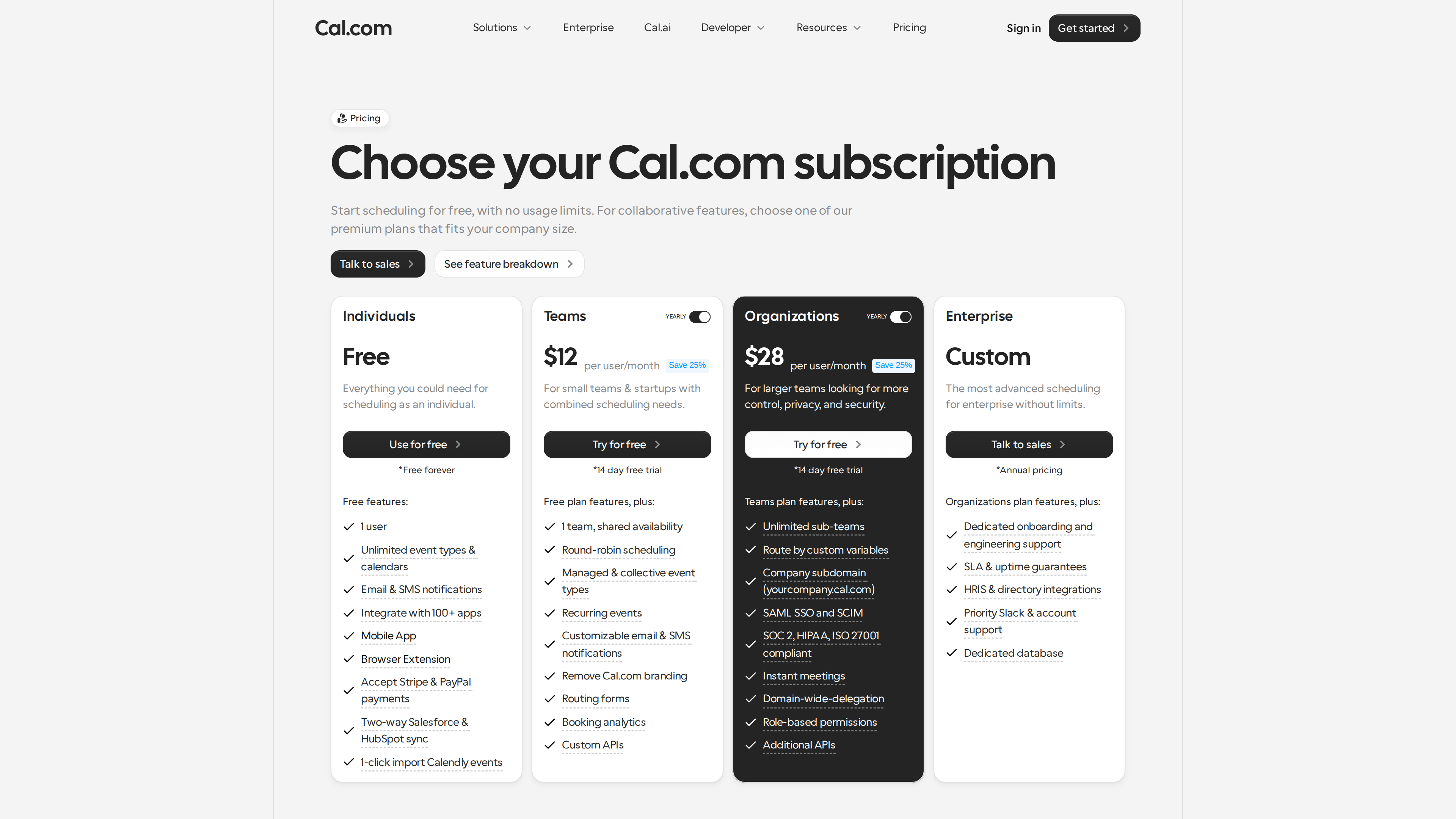 Screenshot of the Cal.com pricing page with annual billing selected: Individuals free, Teams $12 per user per month, Organizations $28 per user per month, Enterprise custom; paid plans offer a 14-day