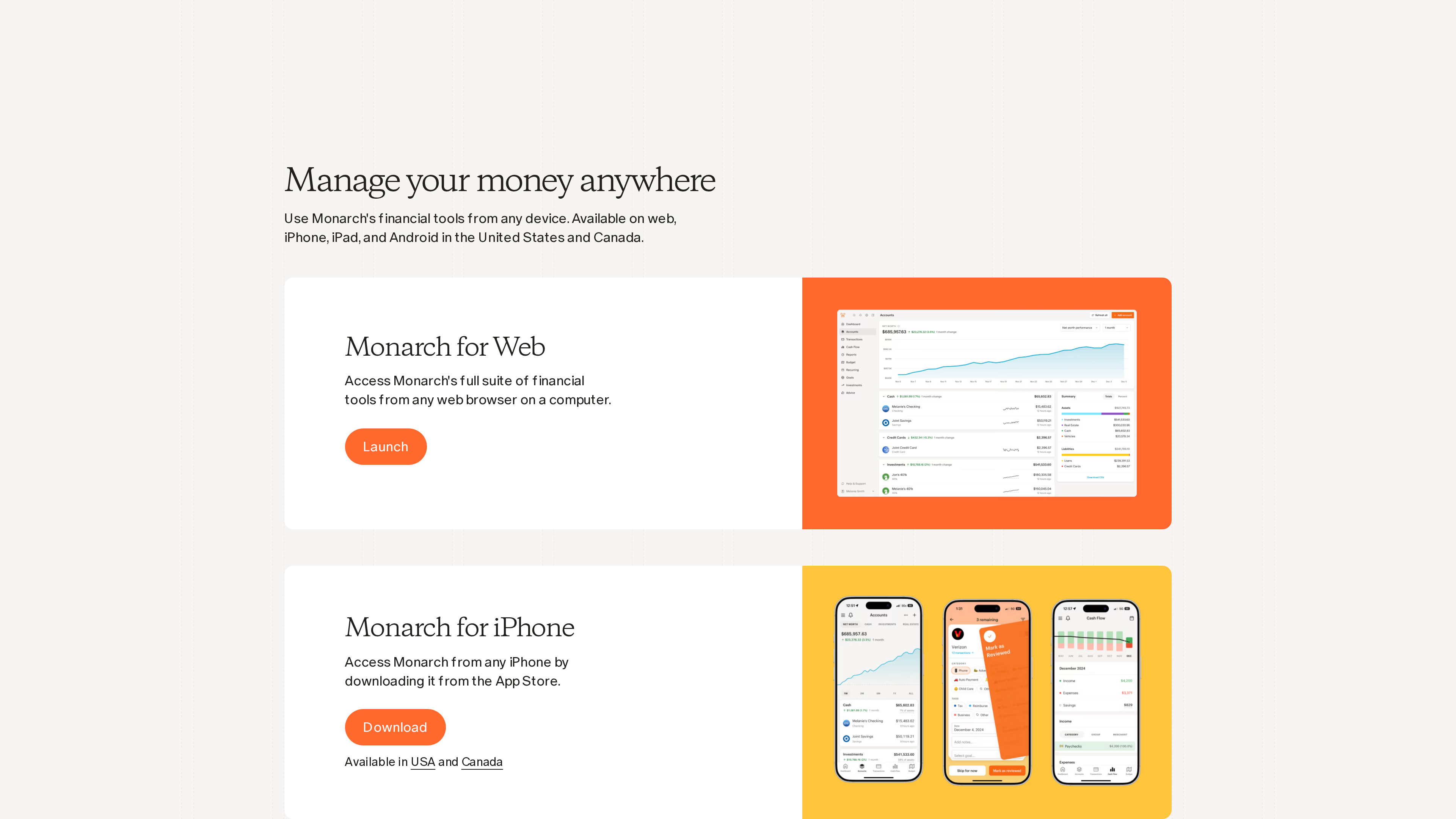 Monarch 下载页截图："Manage your money anywhere"，说明可用平台为 web、iPhone、iPad 与 Android（美国和加拿大），右侧展示 Web 端账户总览与 iPhone 应用界面