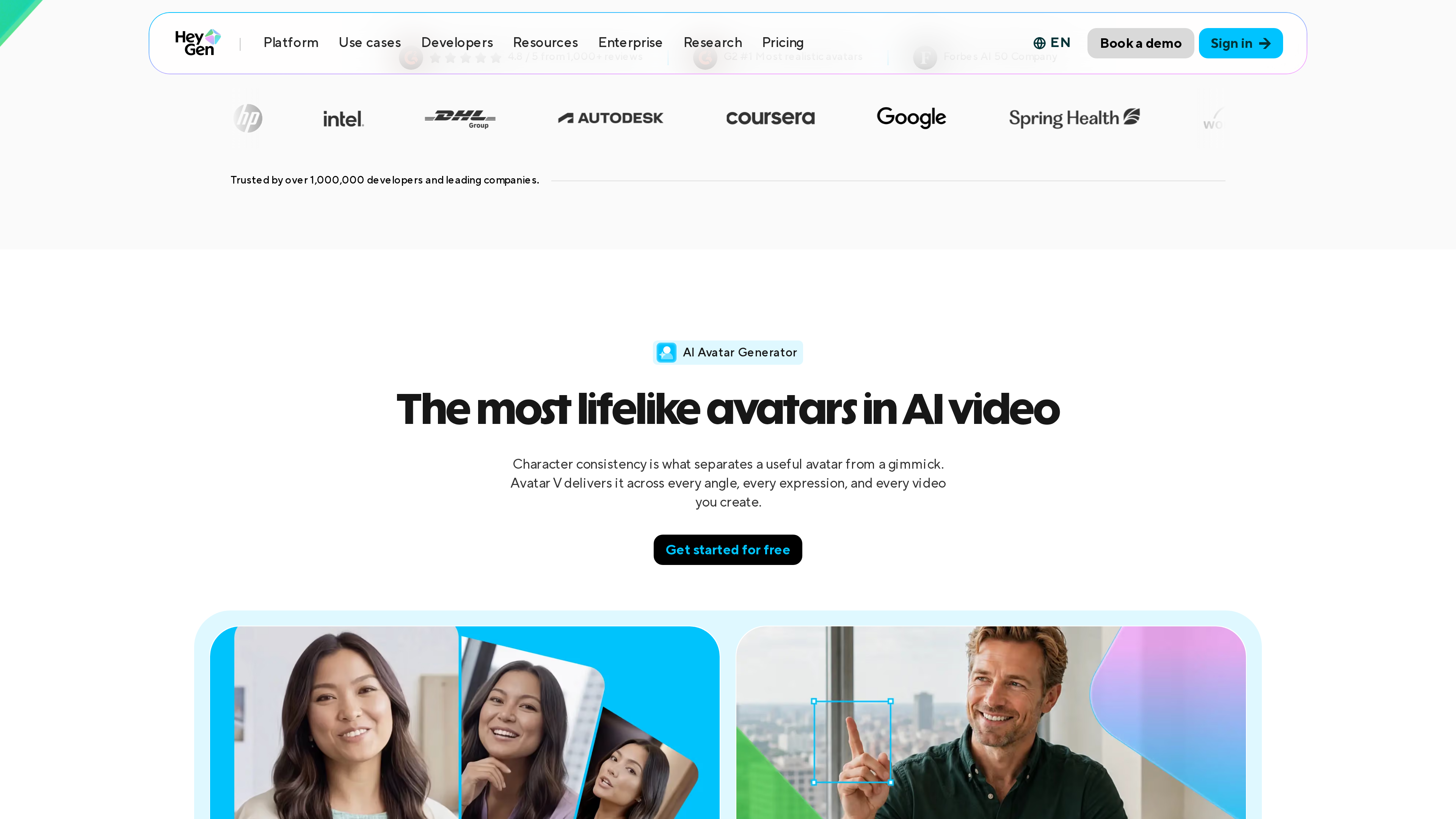 The Avatar V feature section and customer logos on HeyGen's homepage