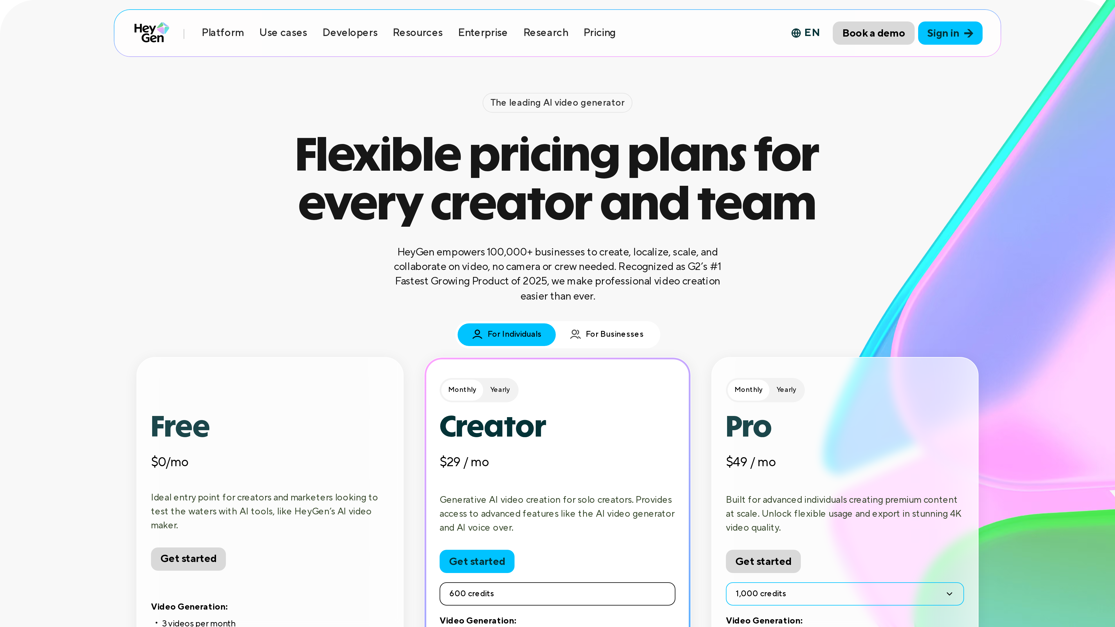 HeyGen's pricing page showing the three individual plans
